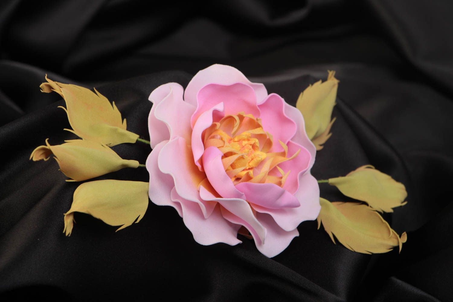 Handmade decorative hair clip with volume foamiran flower of pink color photo 1