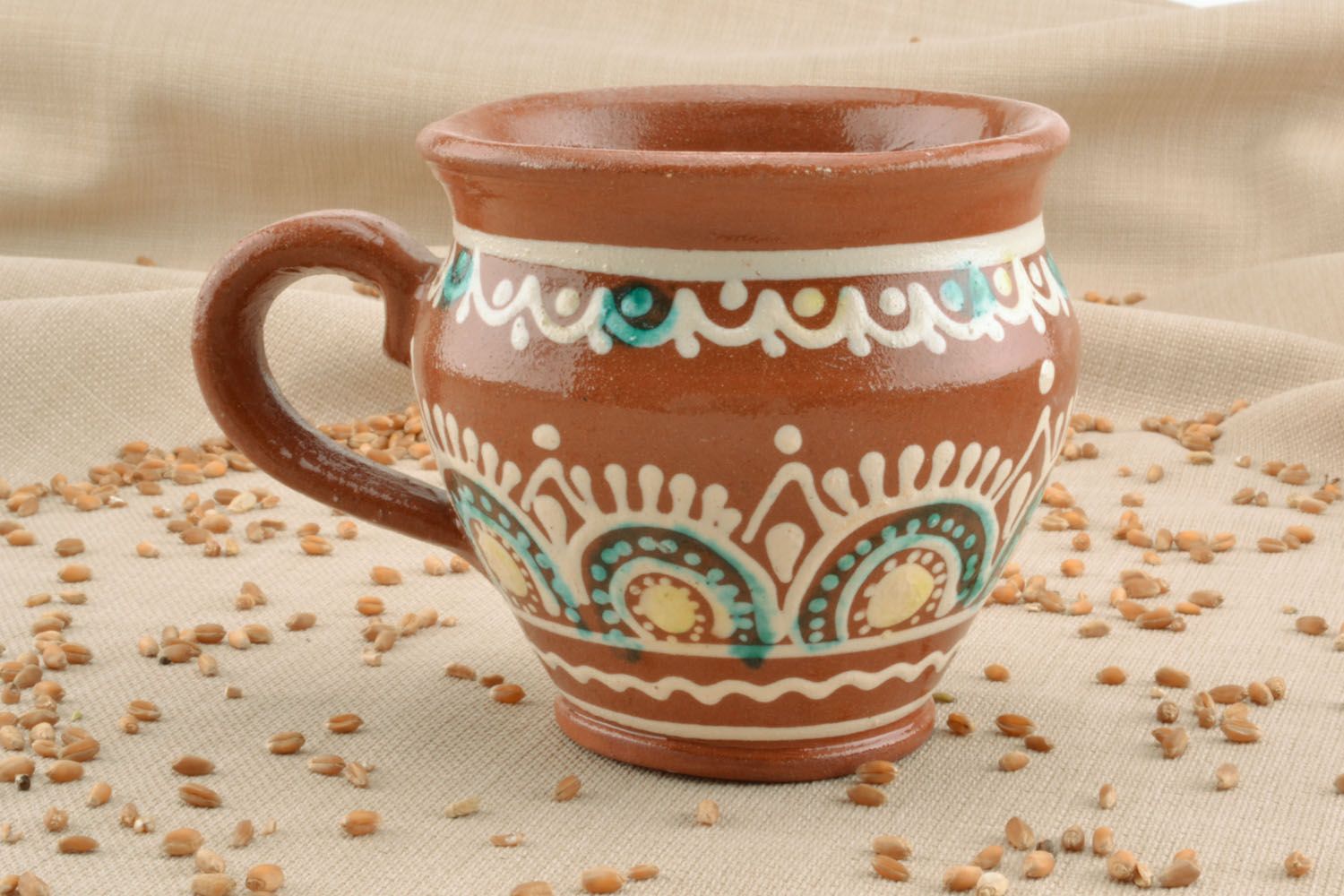 Clay large drinking cup with ethnic Ukrainian handmade pattern with handle photo 1