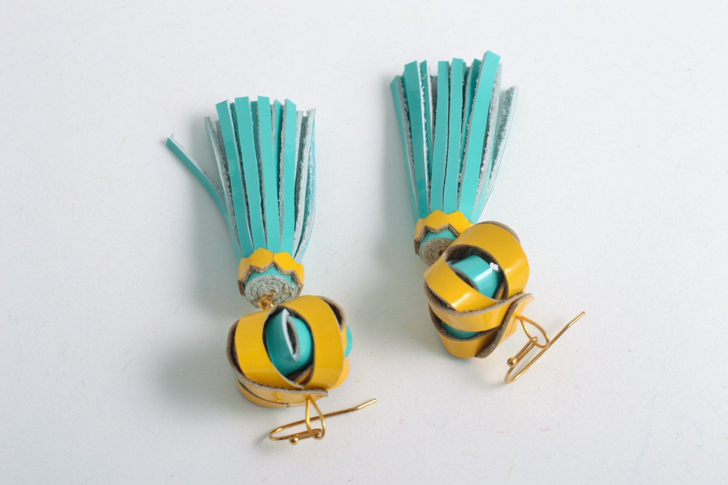 Yellow and blue handmade patent leather tassel earrings photo 5
