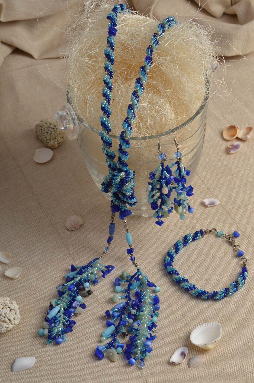 Seed beaded handmade accessories designer jewelry set of lariat and earrings photo 2