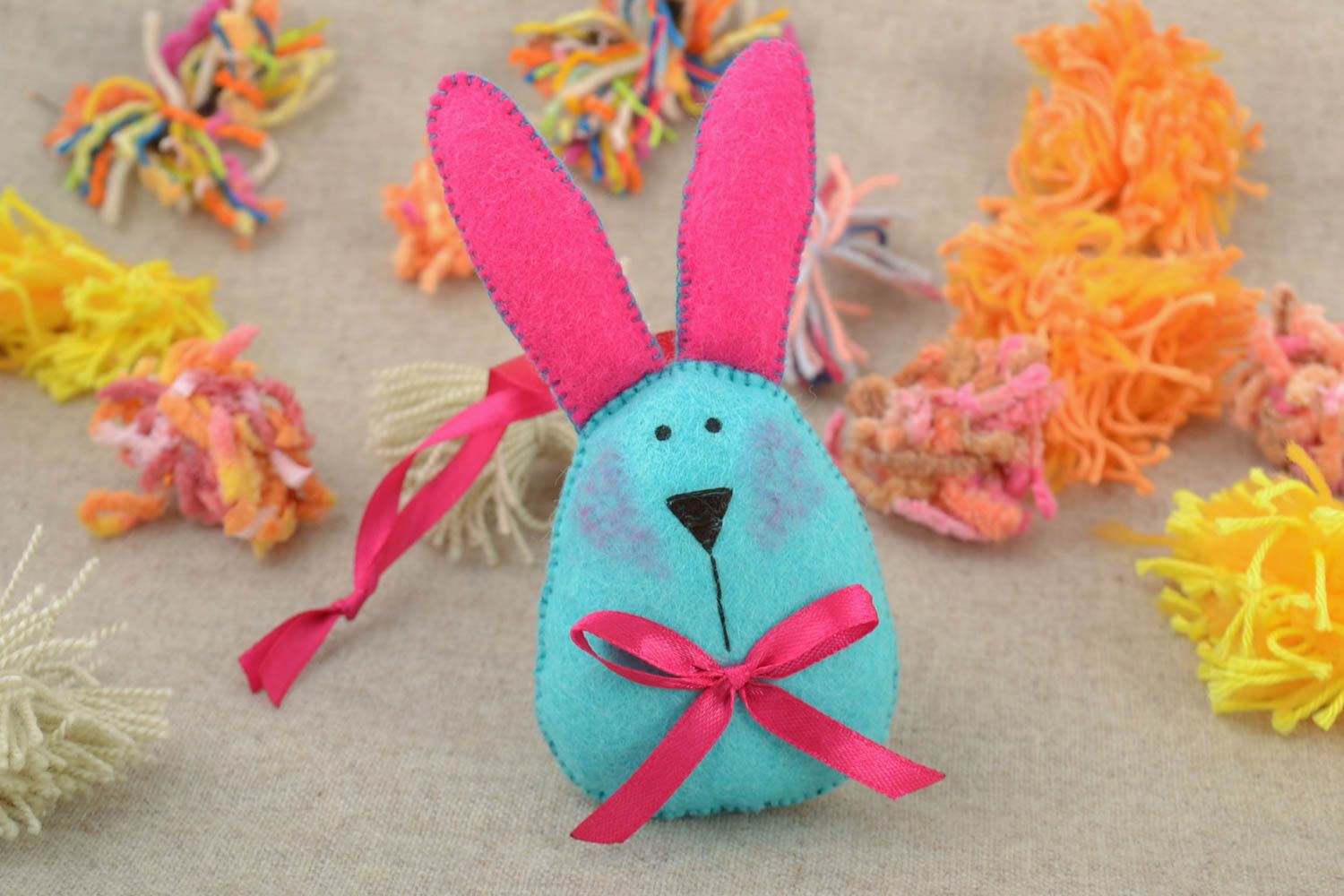 Beautiful handmade blue felt fabric soft toy hare with eyelet for interior decor photo 1