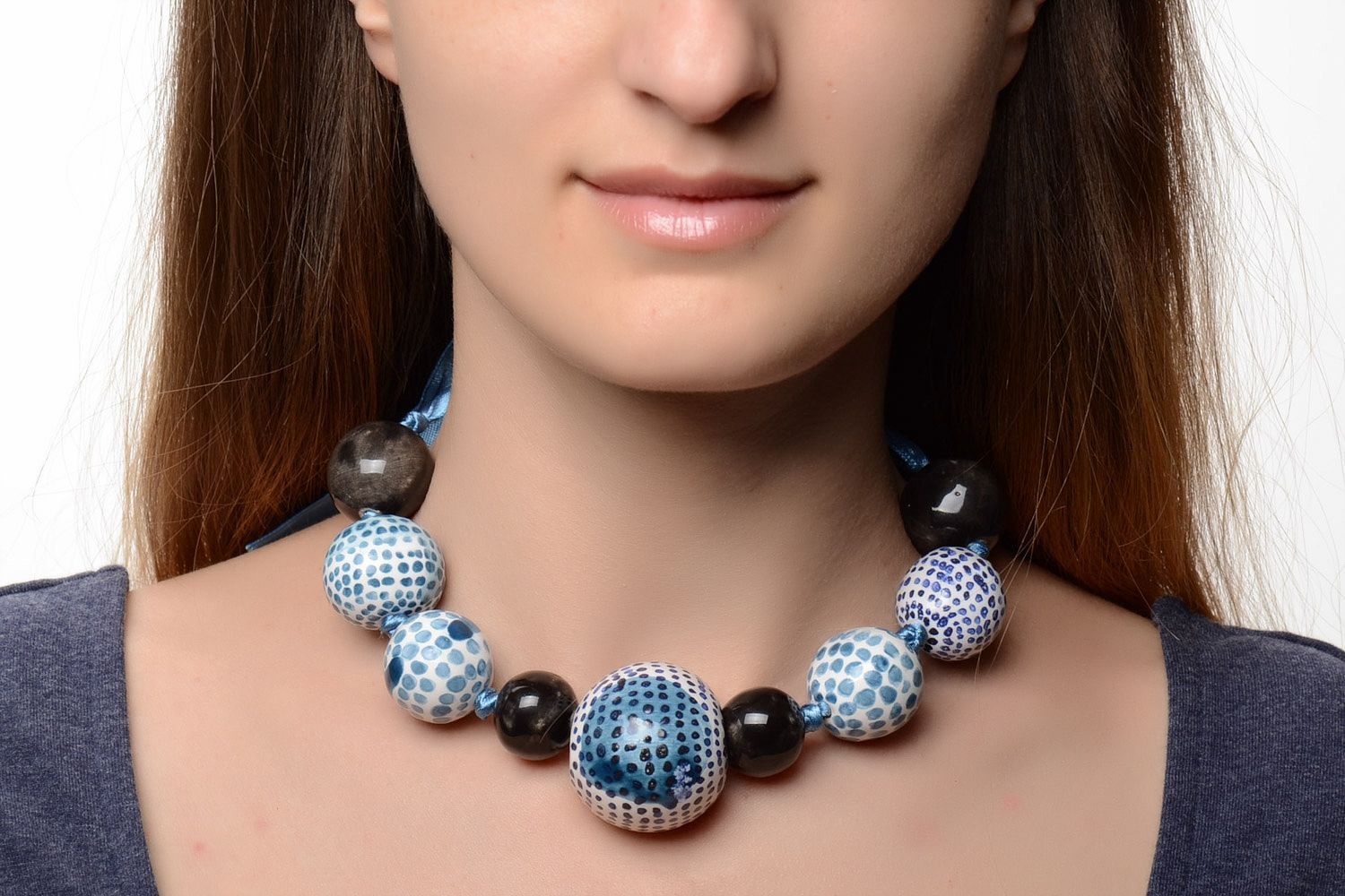 Light blue handmade large ceramic bead necklace painted with enamel photo 1