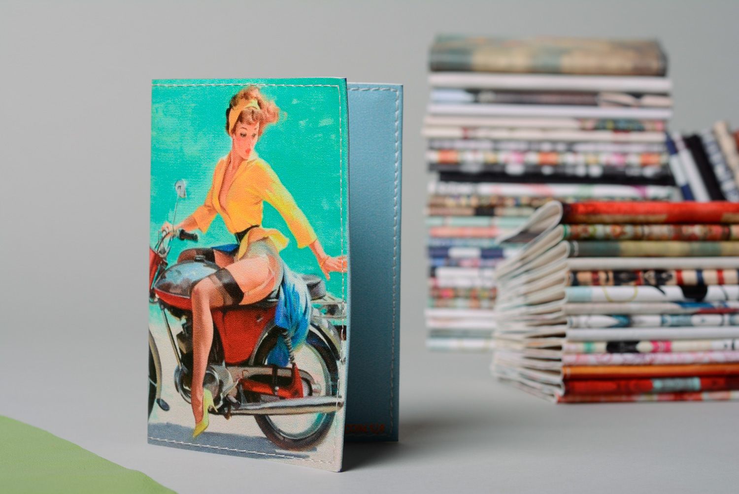 Handmade leather passport cover with print in pin up style photo 1