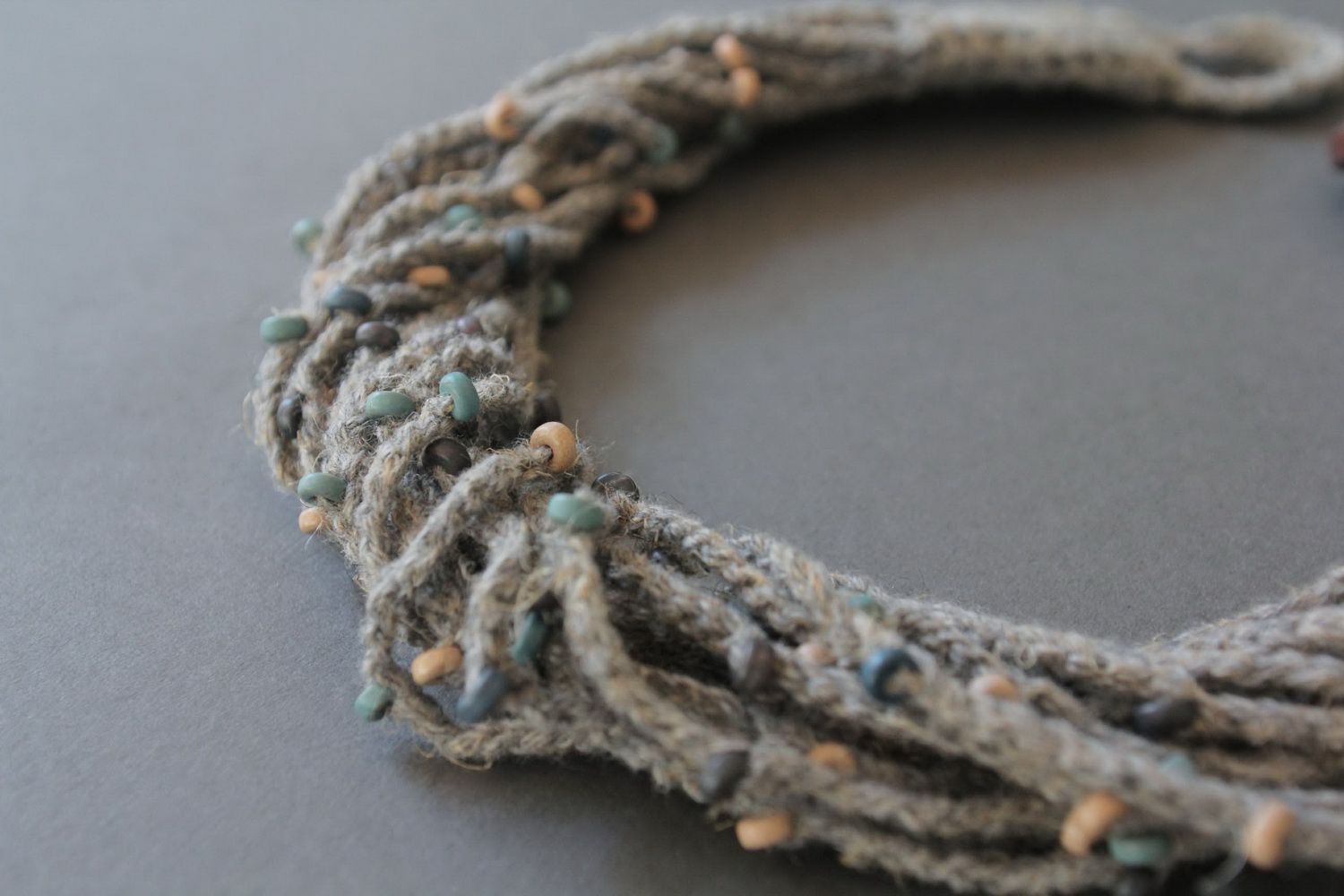 Necklace woven from flax with ceramic beads photo 2