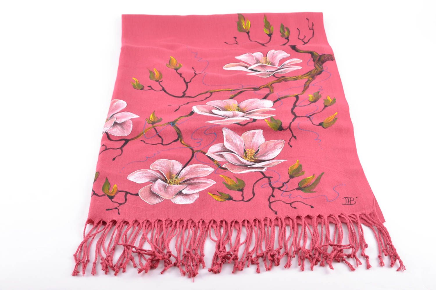 Розовый шарф из кашемира с росписью фото 2