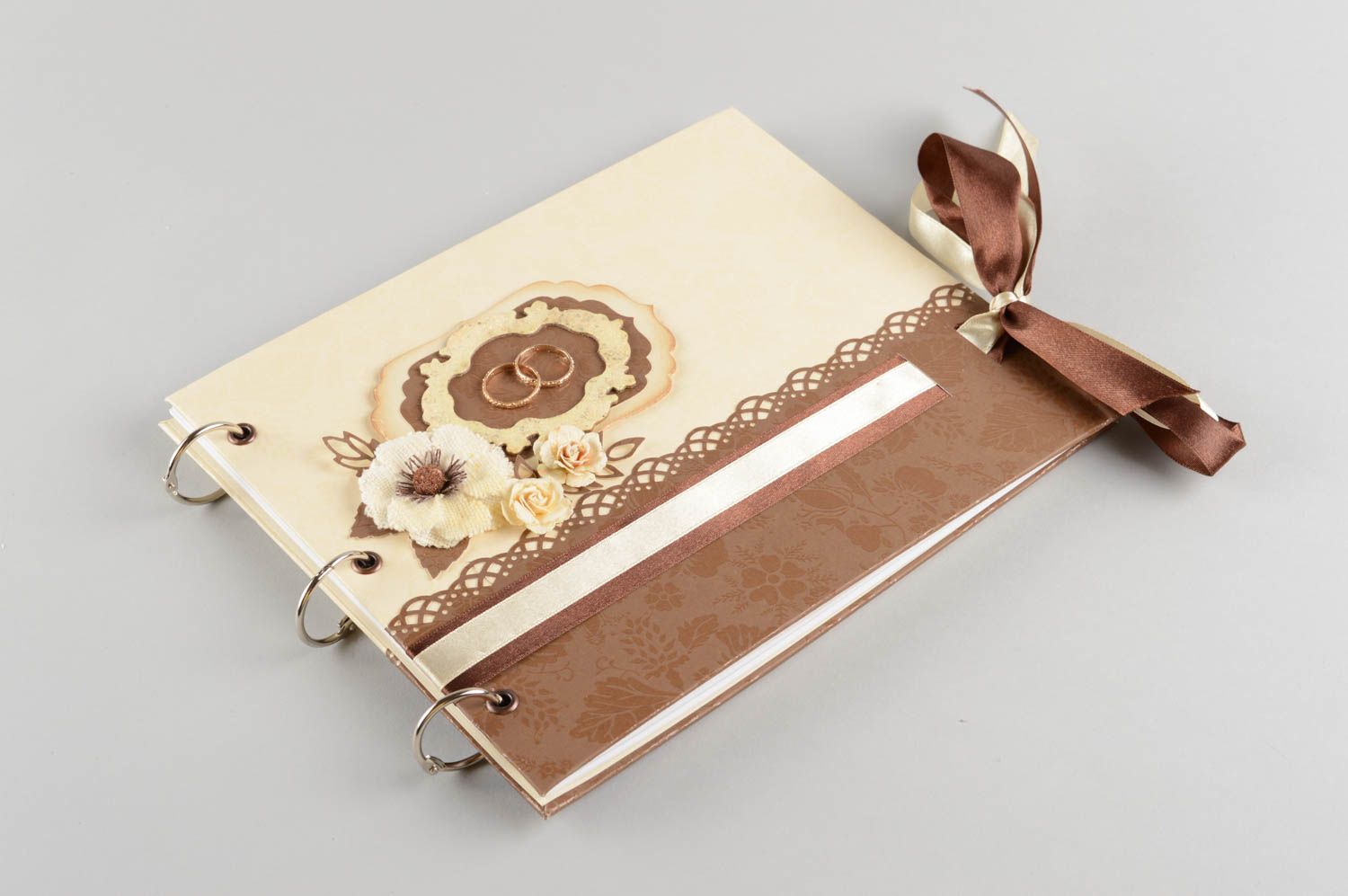 Libro de firmas para boda artesanal bonito marrón beige con cintas original foto 2