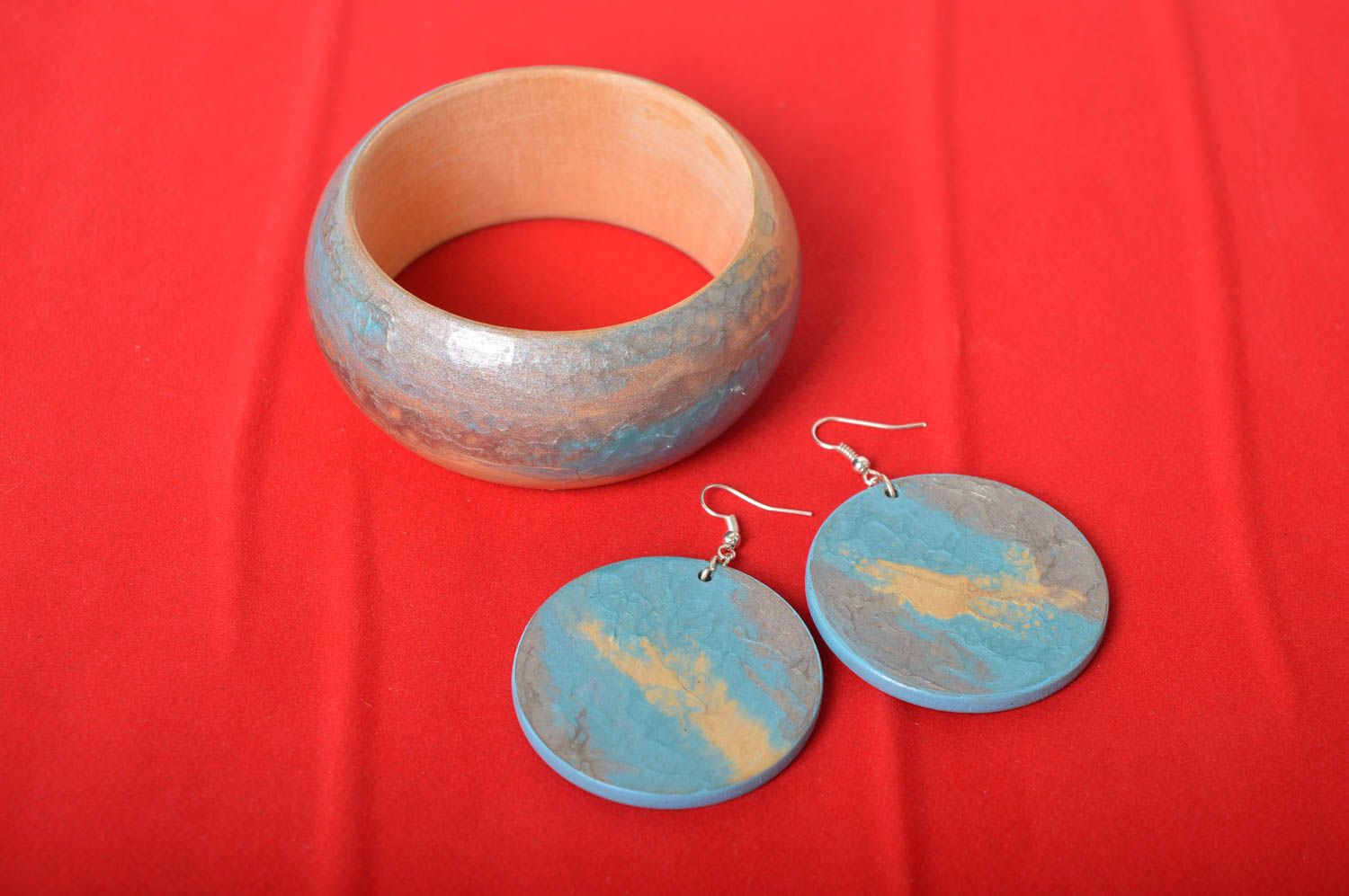 Handmade wooden accessories set of wooden bracelet blue wooden earrings  photo 1