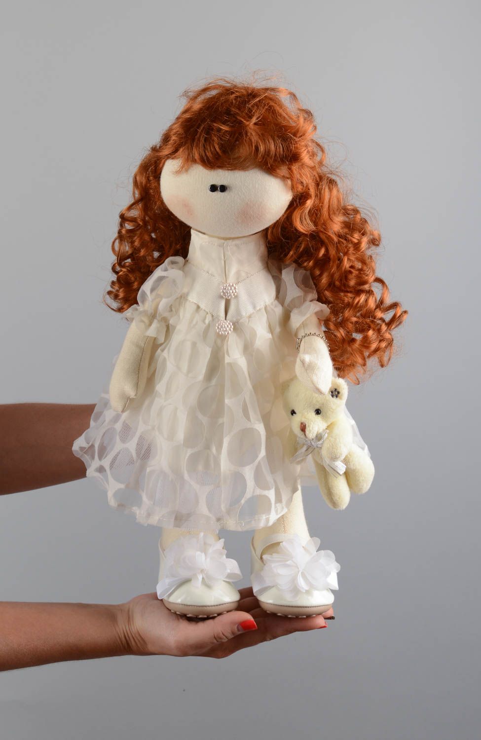 Handmade designer soft doll sewn of linen cute girl with curly hair in dress photo 5