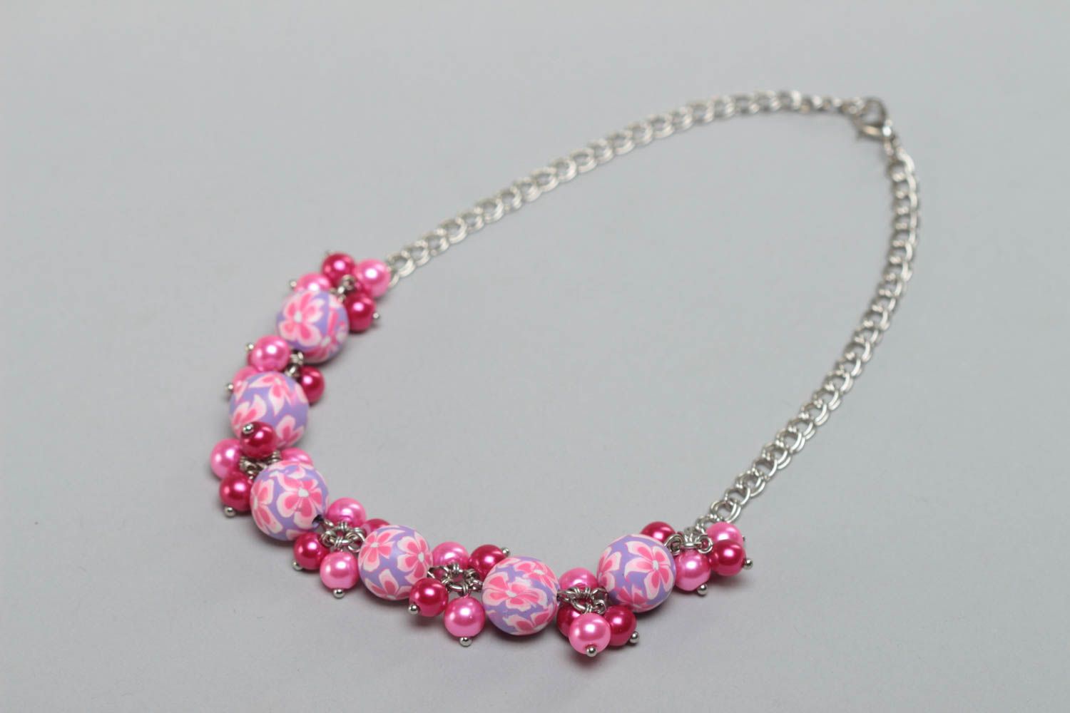 Beautiful handmade pink polymer clay necklace for children photo 2