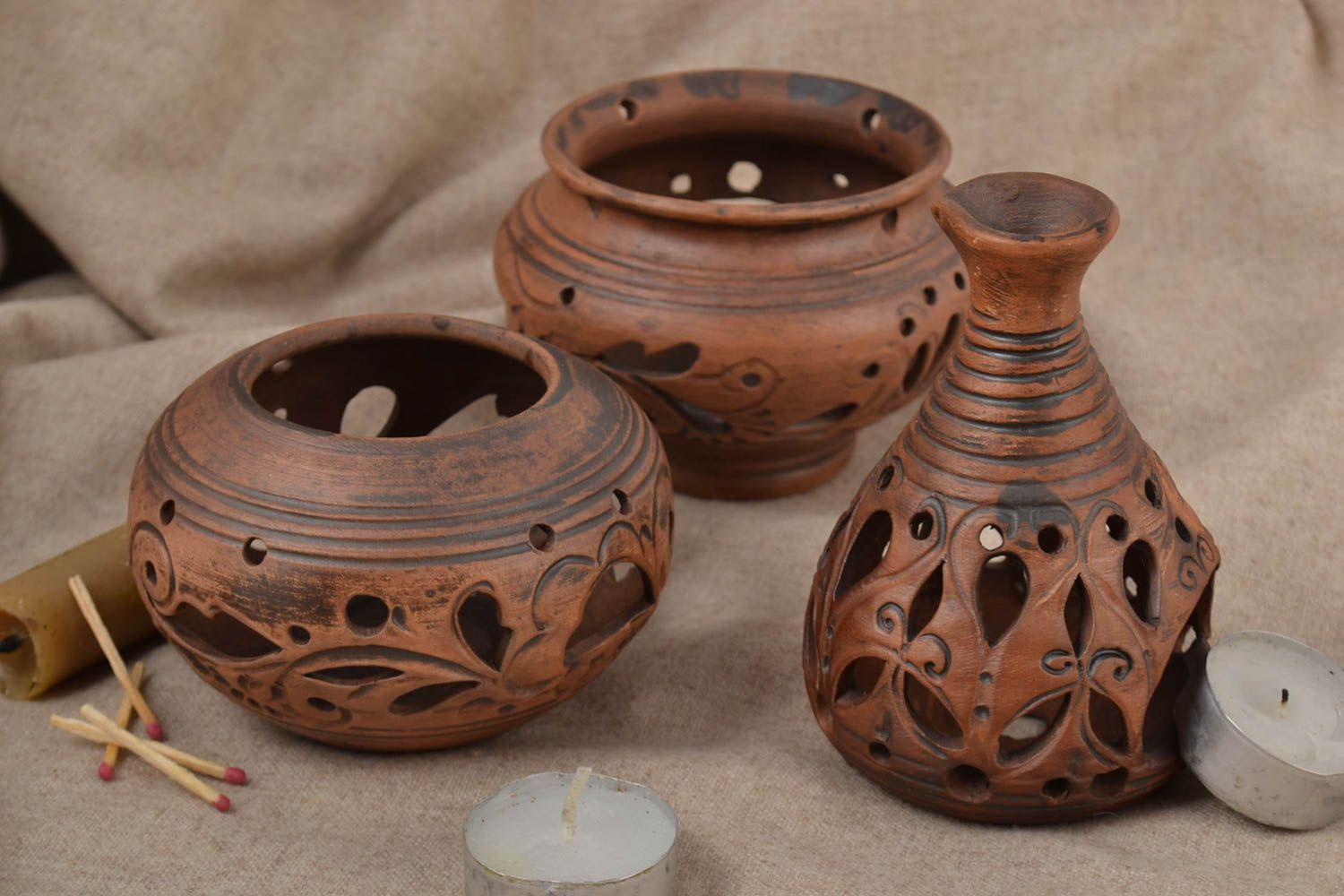 Deko Kerzenhalter handmade Teelichthalter Set Kerzenhalter Keramik in Braun  foto 1