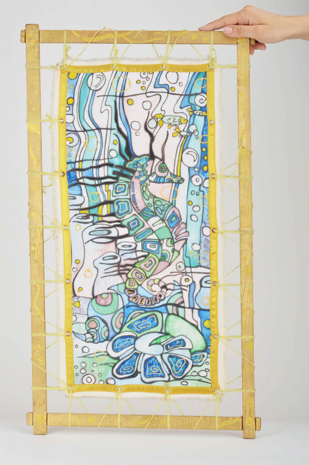 Handgemachtes modernes Wandbild Batik aus Stoff Seepferdchen für Dekoration foto 3