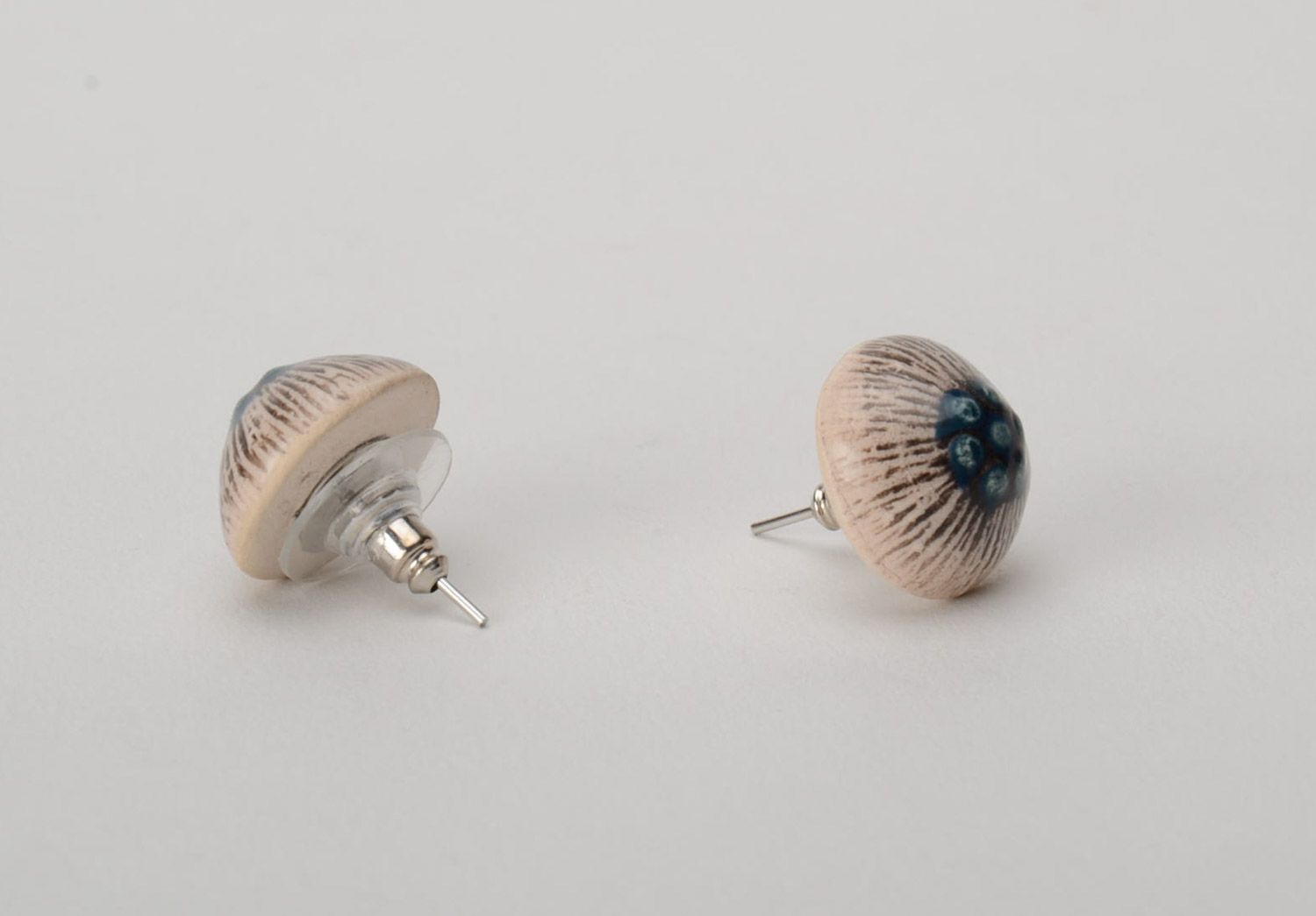 Handmade women's round stud earrings hand made of white clay and painted with enamels photo 4