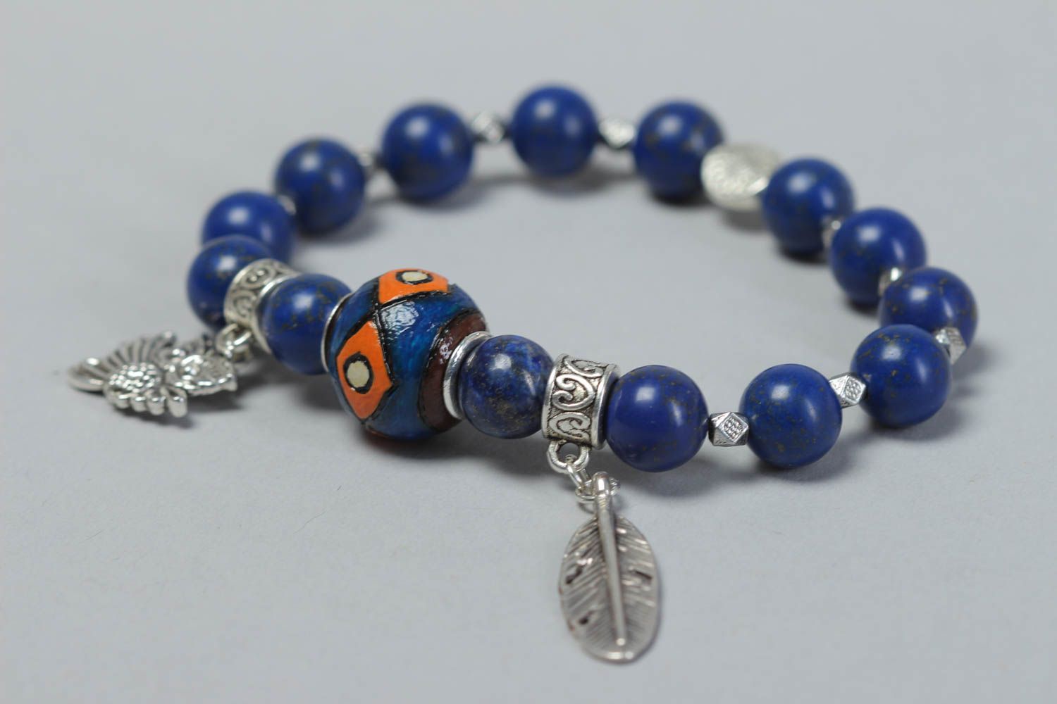 Blue natural stone beads bracelet with owl charms for women photo 3