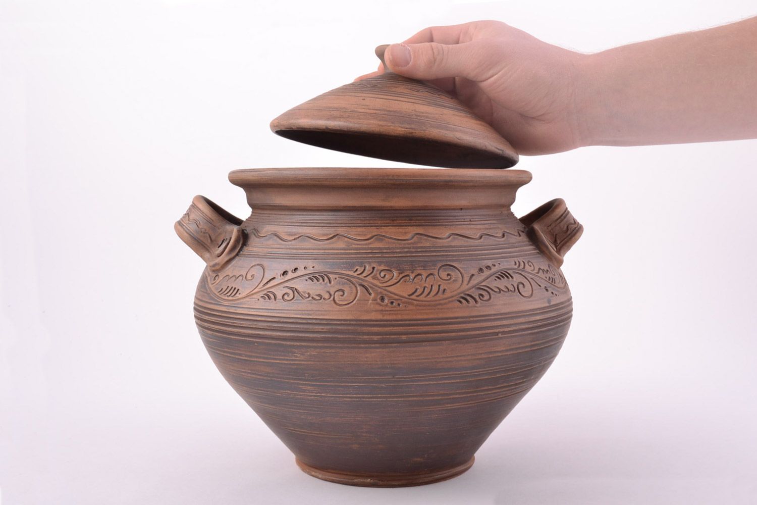 Pote de cerámica artesanal grande con tapa para cocer 4 litros  foto 2
