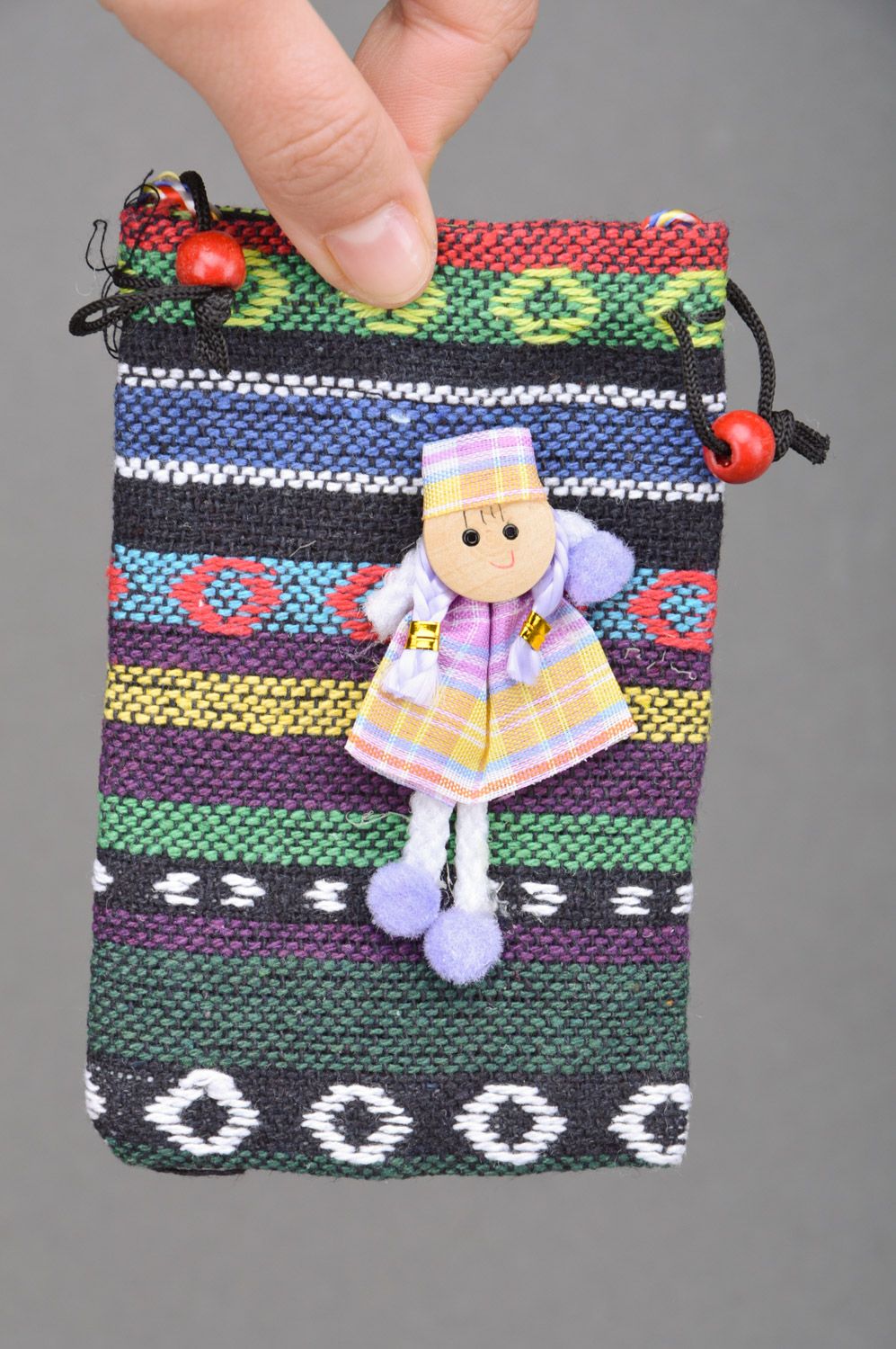 Bunte gestreifte Handytasche aus Stoff handmade mit Puppe für Mädchen foto 3