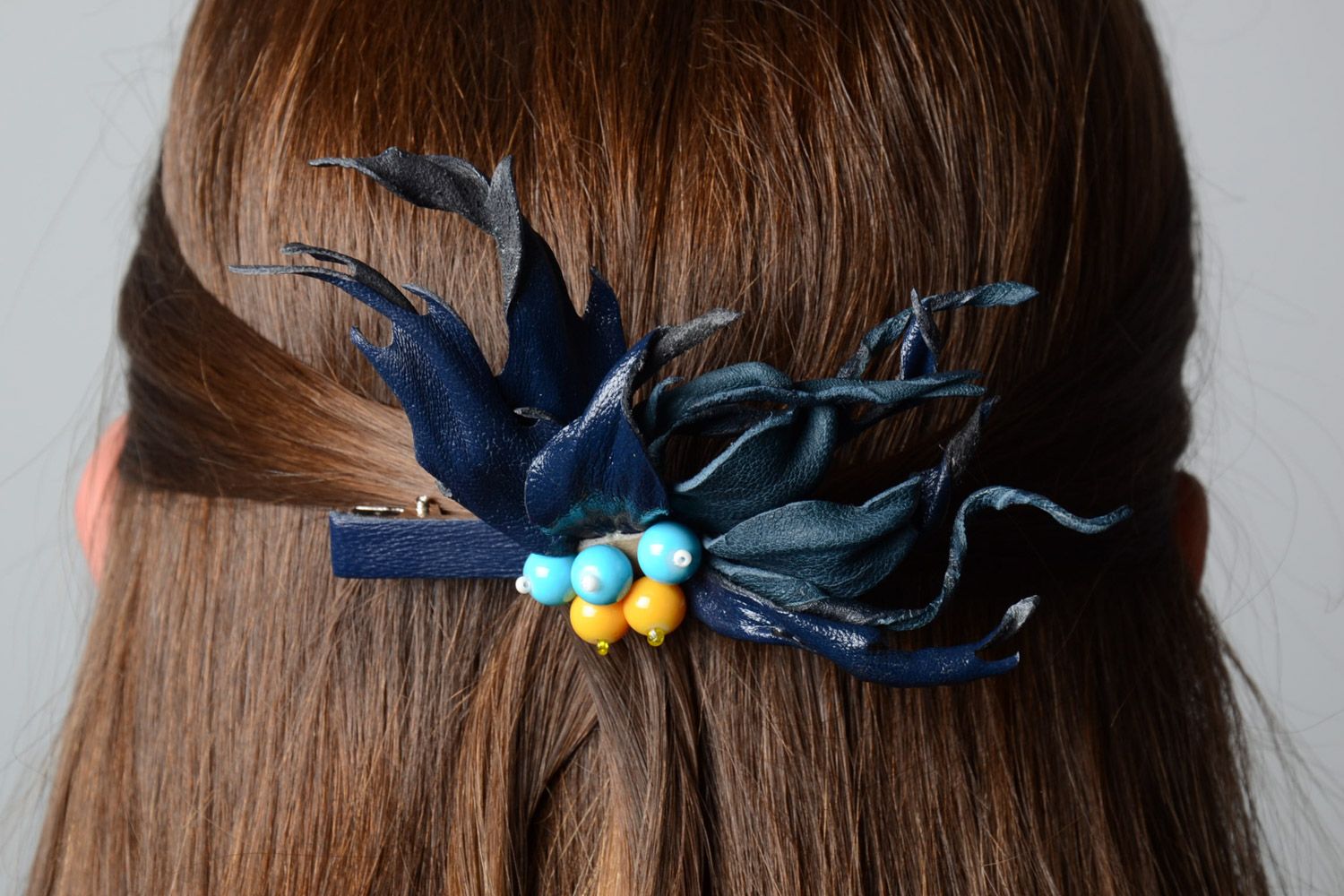 Handmade designer genuine leather volume black flower hair clip with beads  photo 2
