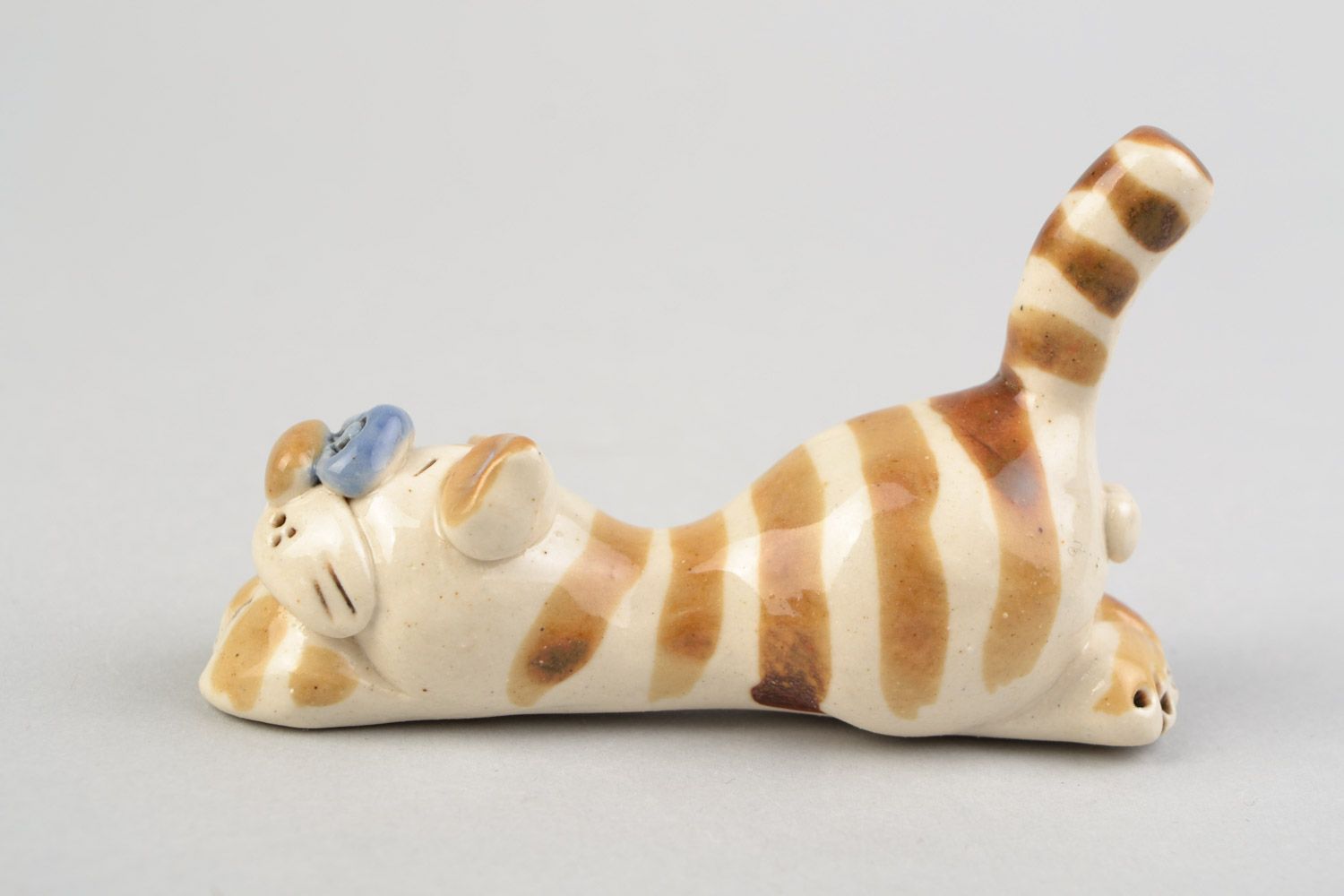 White and brown beautiful handmade clay statuette of striped cat photo 4
