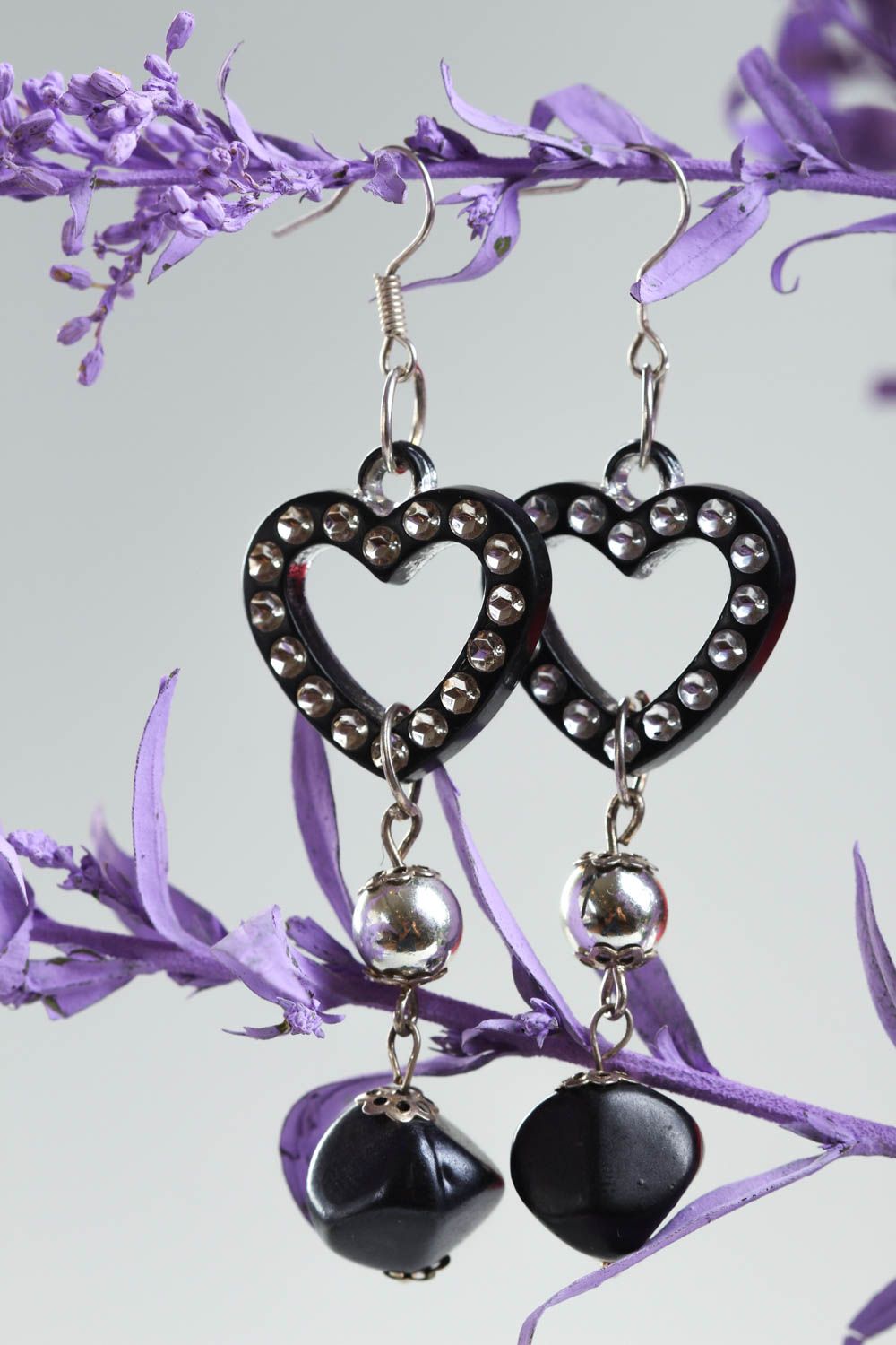 Handmade black unusual earrings cute beaded earrings stylish accessory photo 1