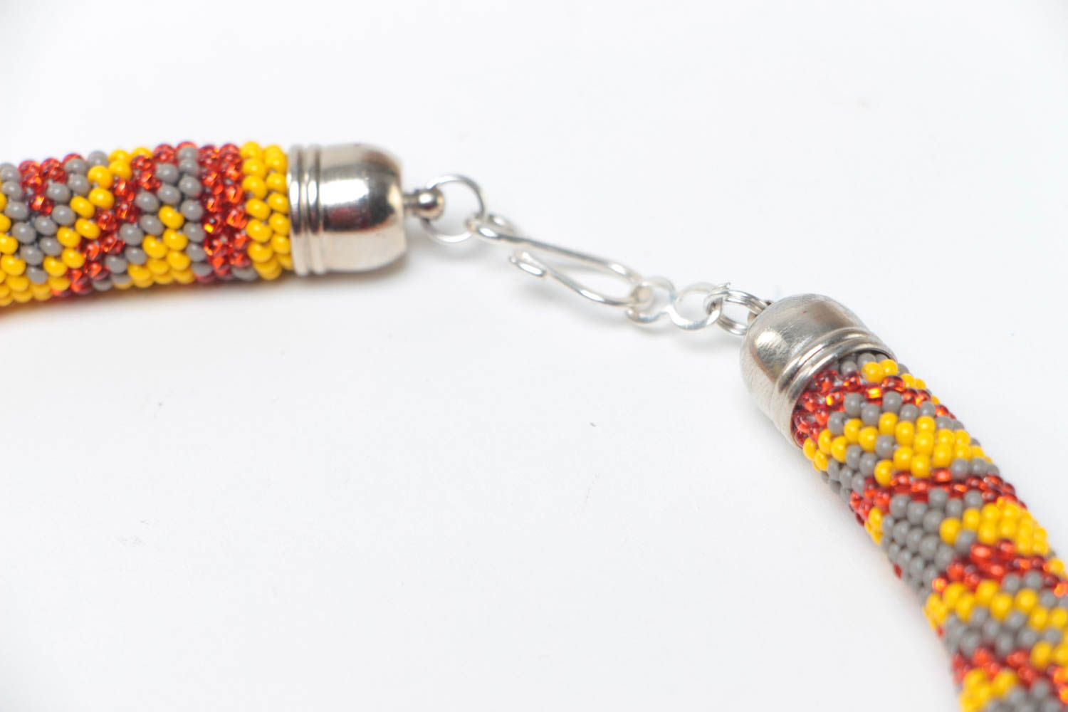 Handmade designer beaded cord necklace in yellow gray and red color combination photo 4