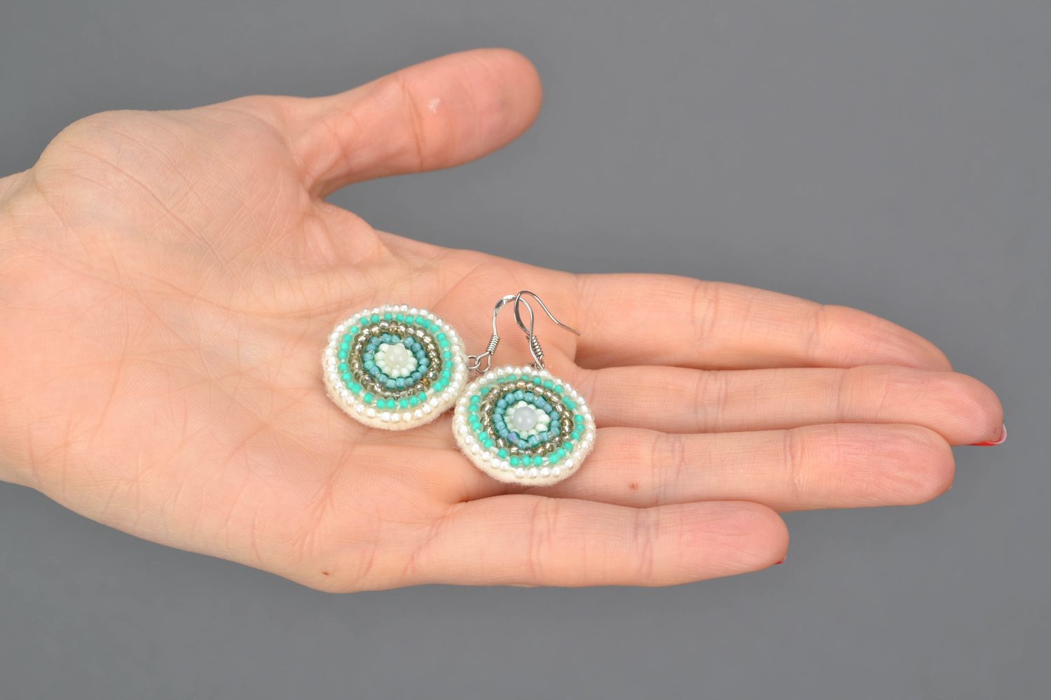 Round embroidered beaded earrings with cat's eye stone photo 2