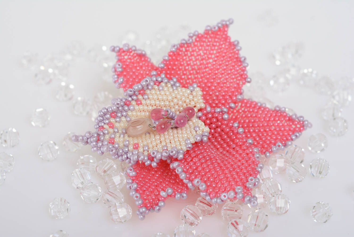 Beautiful gentle handmade designer volume beaded flower brooch pink photo 5