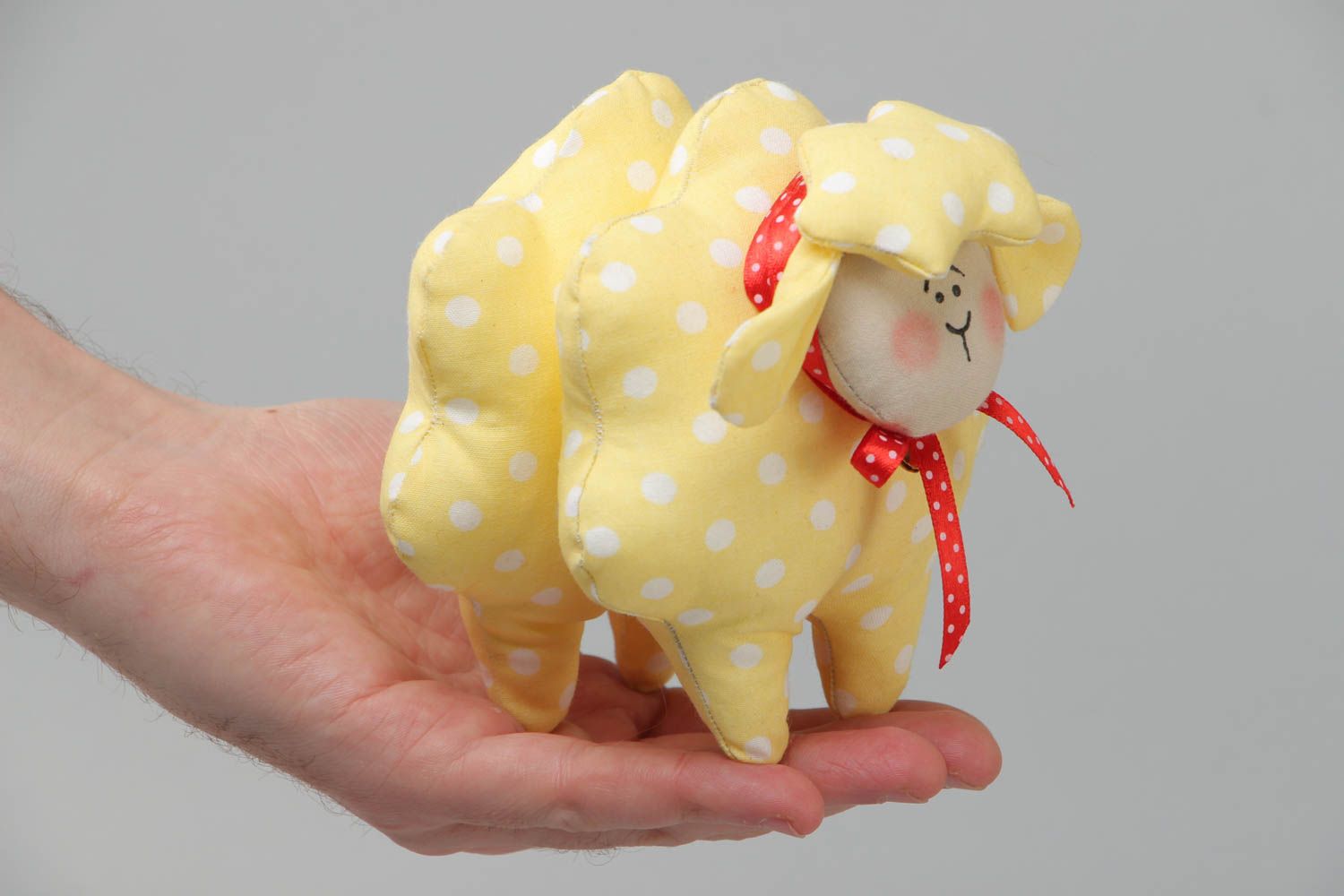Handmade cotton fabric soft toy sheep of yellow color with white dots photo 5