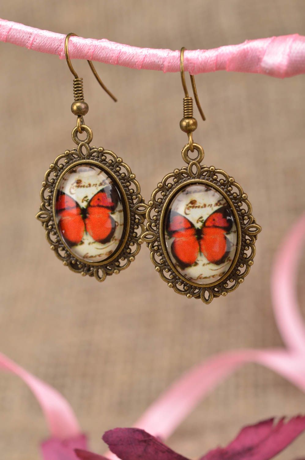 Beautiful handmade designer vintage metal earrings with butterflies print photo 1