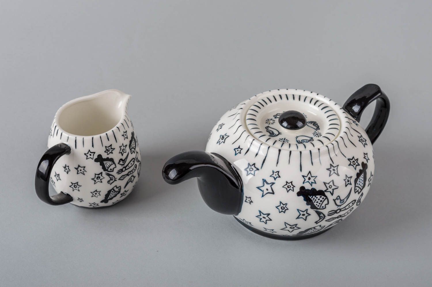 Handmade Ton Teekanne Öko Geschirr Keramik Kanne für Sahne mit Ornament 2 Stück foto 2