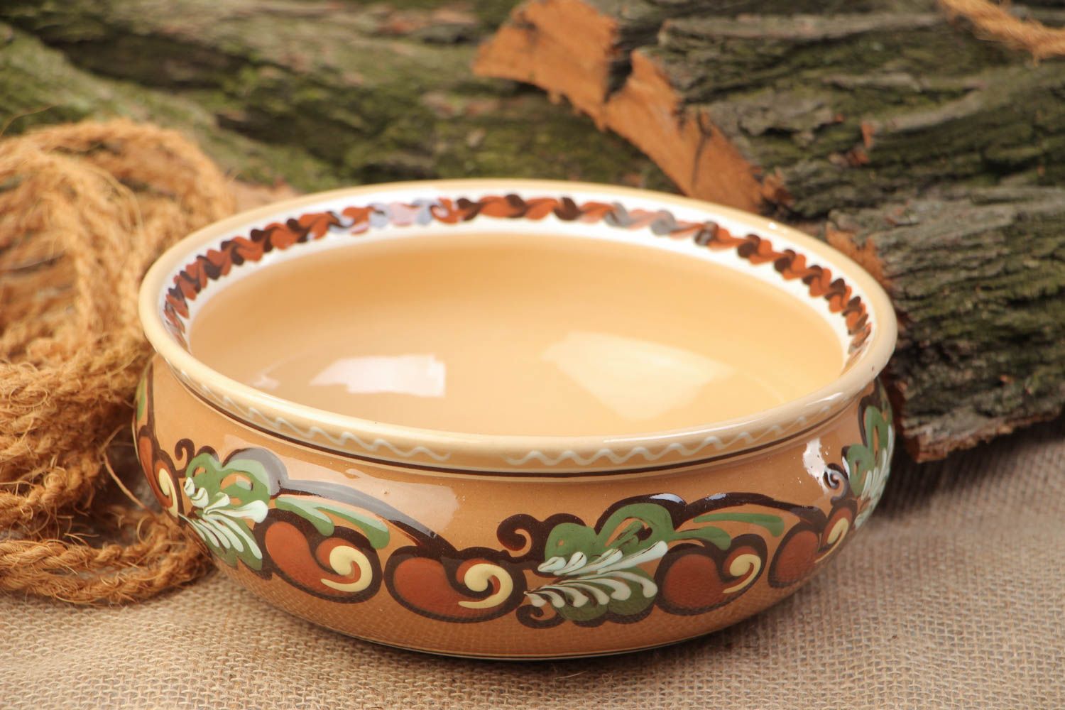 Handmade decorative ceramic bowl with ornaments painted with glaze for 1 l photo 1