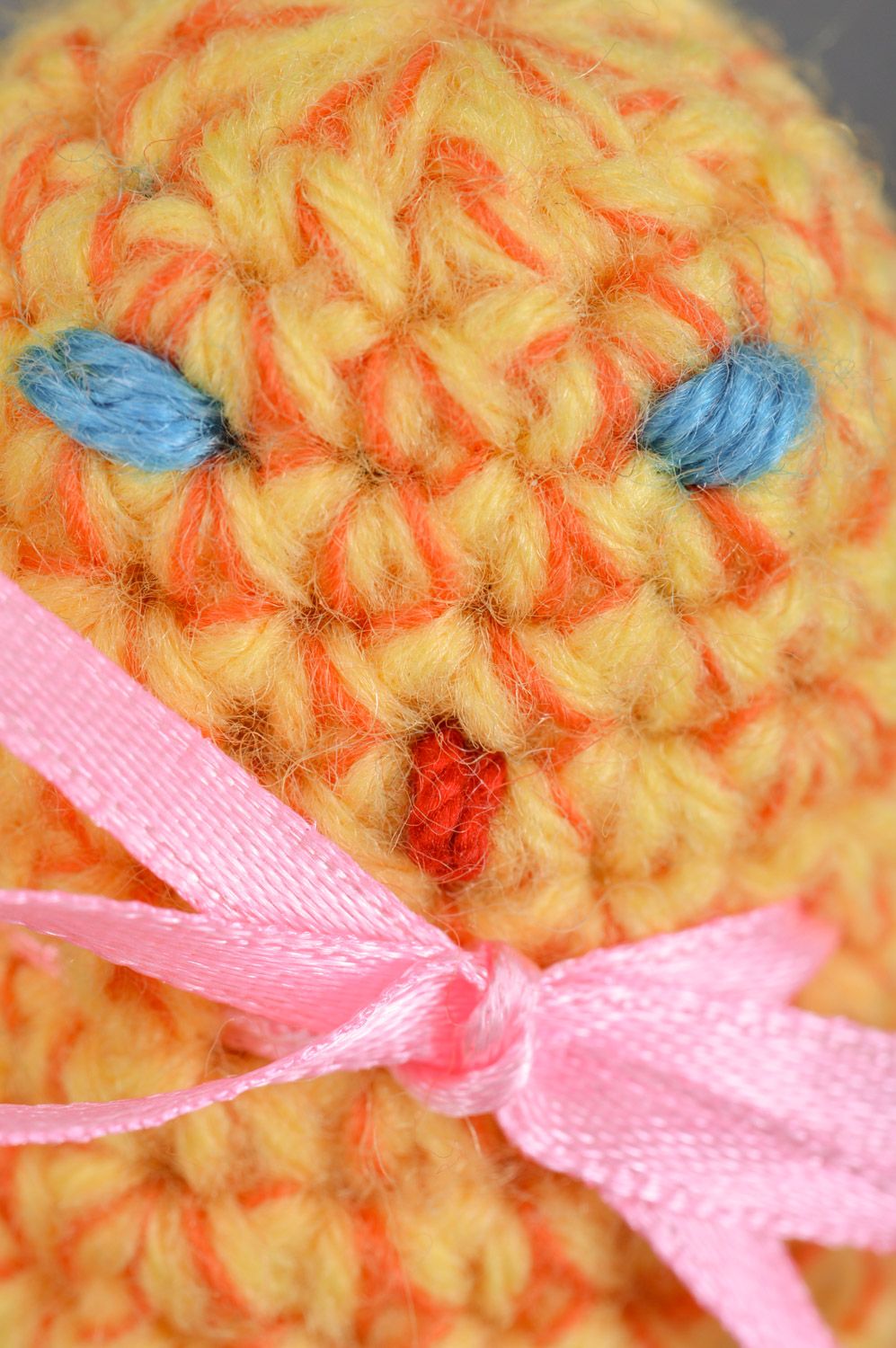Handmade Easter decoration yellow crochet chicken with bow in basket  photo 4
