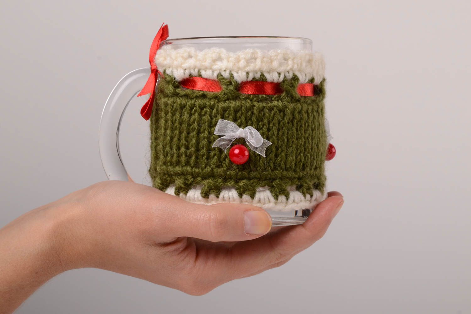 Couvre-tasse fait main Couvre-tasse tricot Pull pour mug laine crochet noeuds photo 2