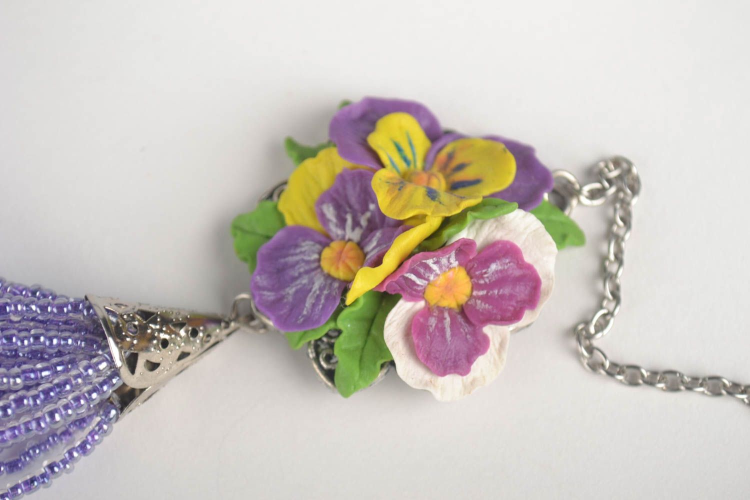 Handmade Blumen Collier Schmuck aus Rocailles Accessoire für Frauen lila foto 4