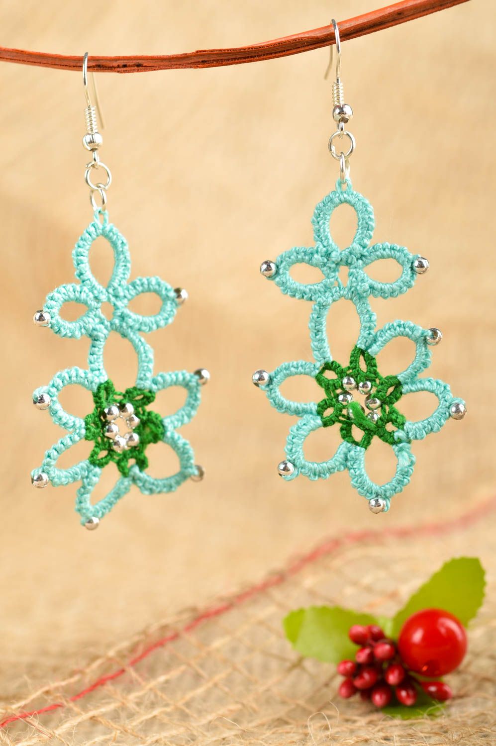 Unusual handmade textile earrings woven flower earrings trendy jewelry designs photo 1