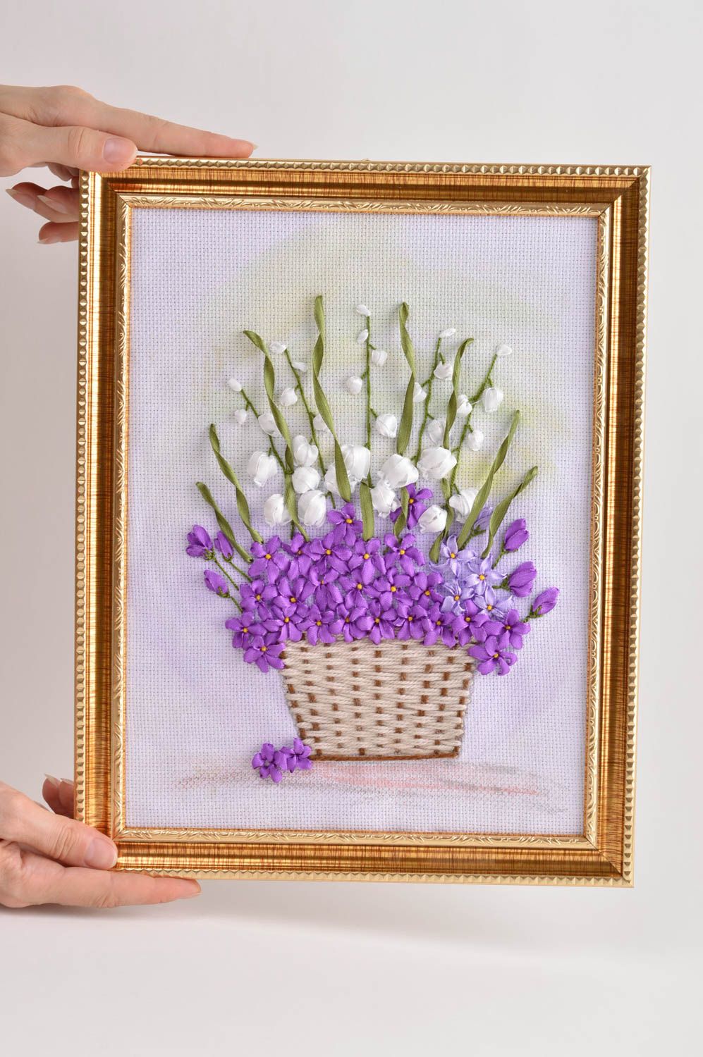 Handmade ribbon embroidery wall panel picture with flowers home interior decor   photo 5