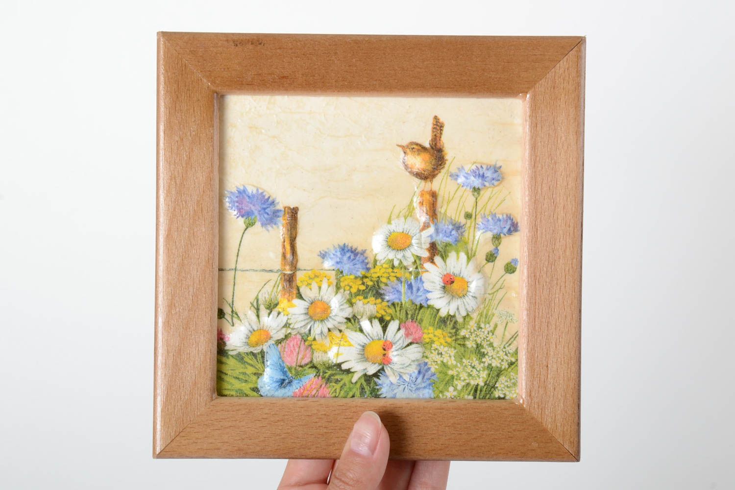 Petit Tableau carré en relief fait main fleurs et oiseau Décoration maison photo 5