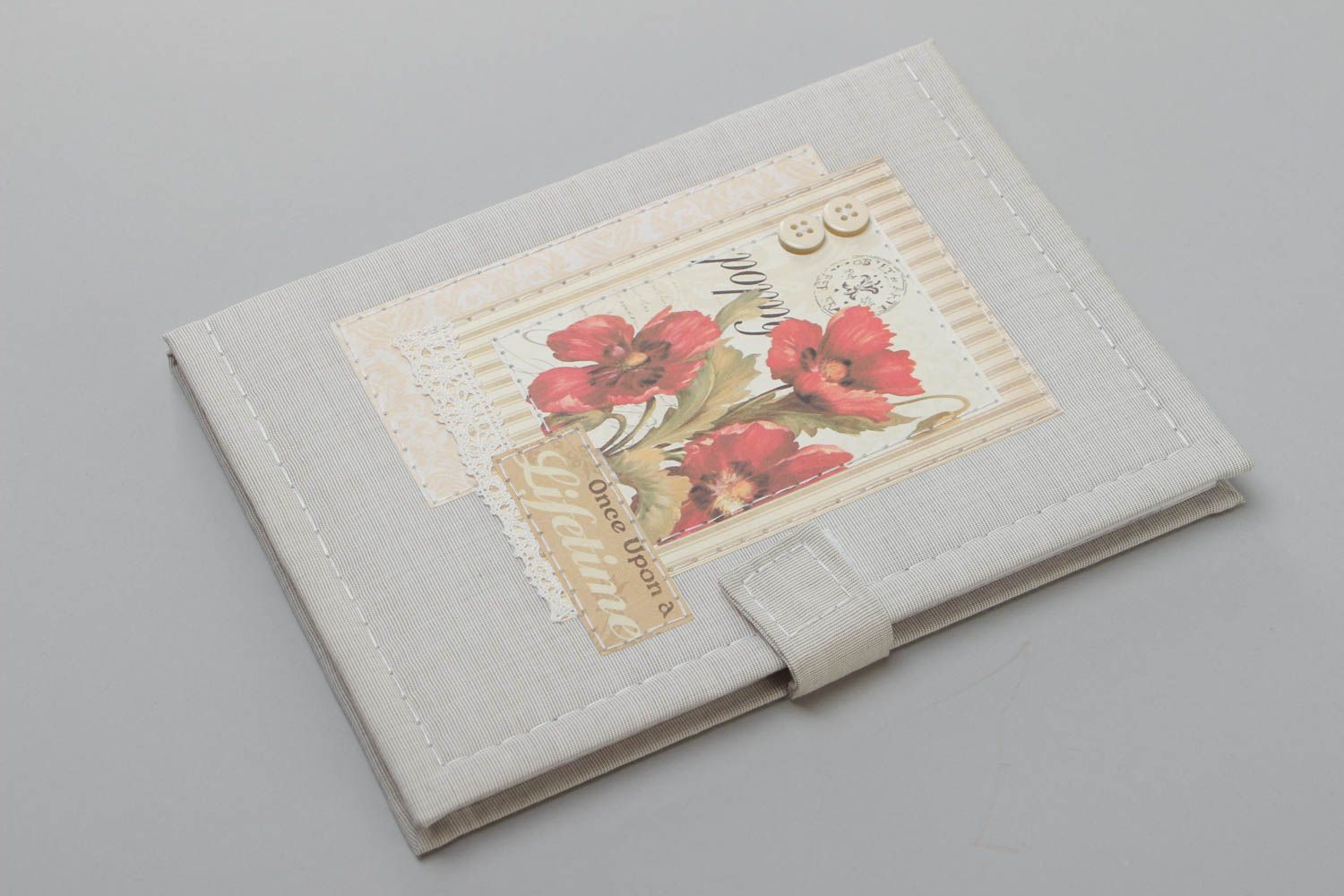 Handmade decorative recipe book with gray fabric cover with velcro fastener photo 2