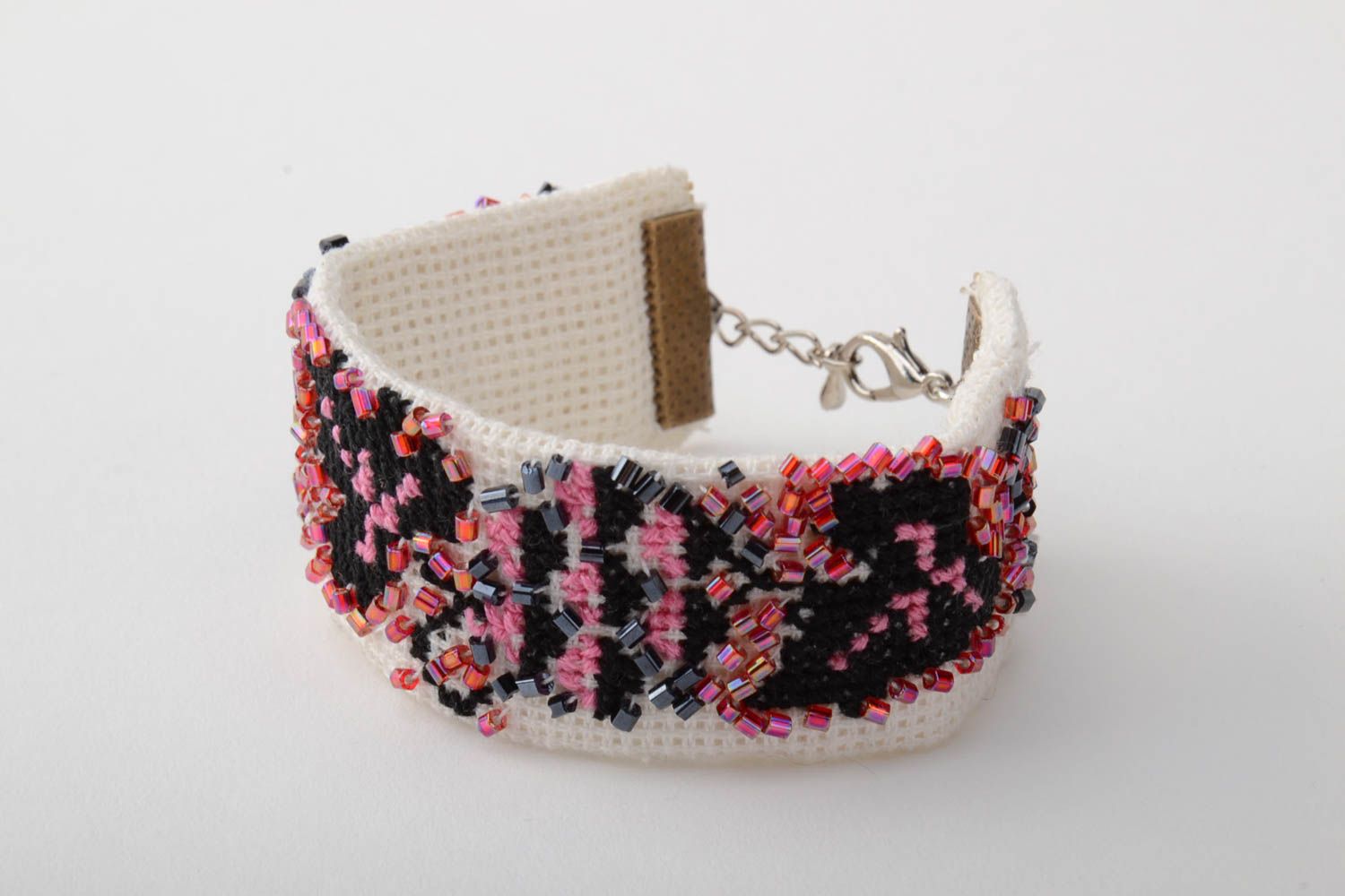 Black and pink handmade designer textile bracelet with embroidery and beads photo 5