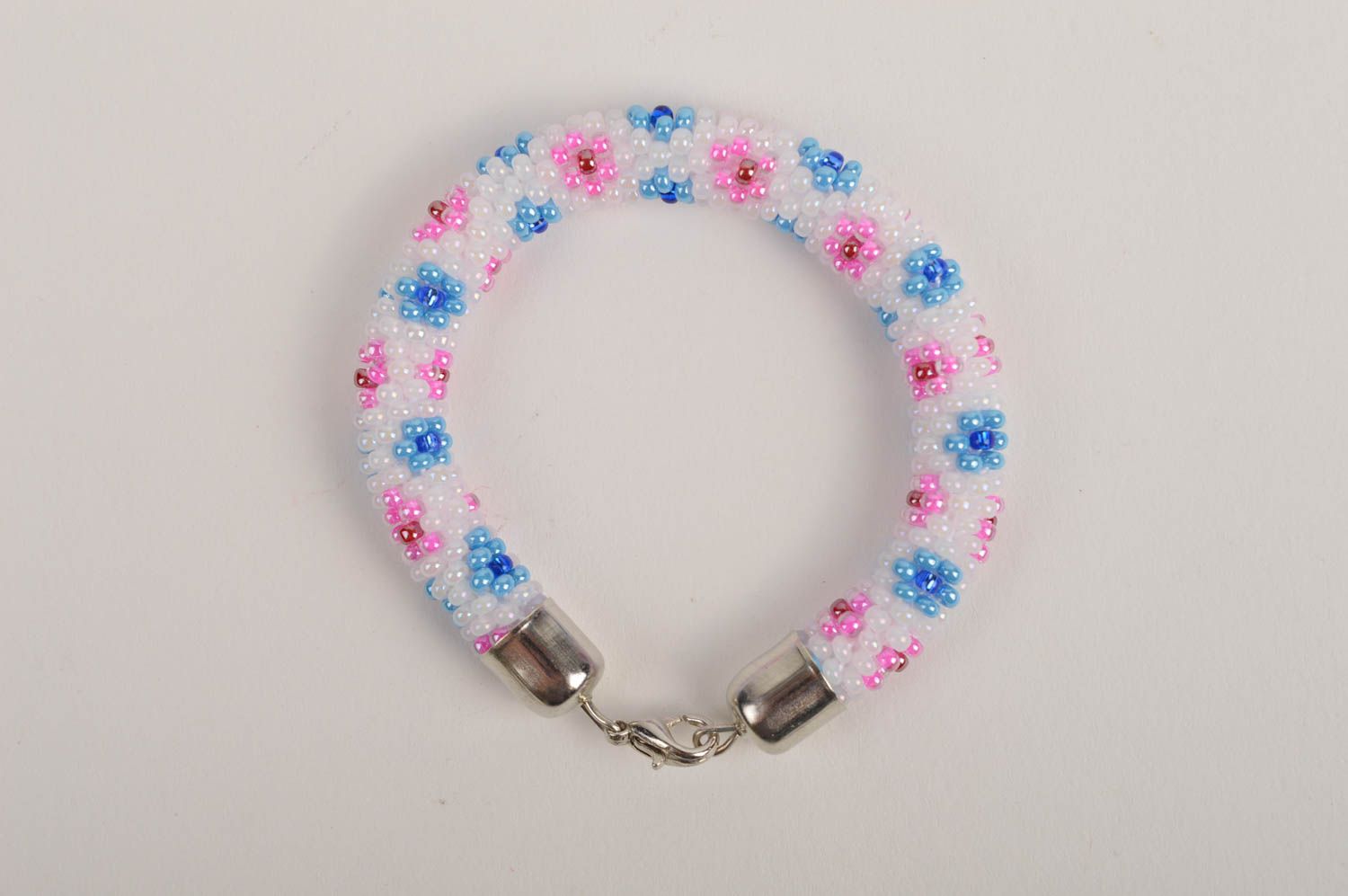 Handmade beaded bracelet cord with blue and pink flowers for girls photo 3