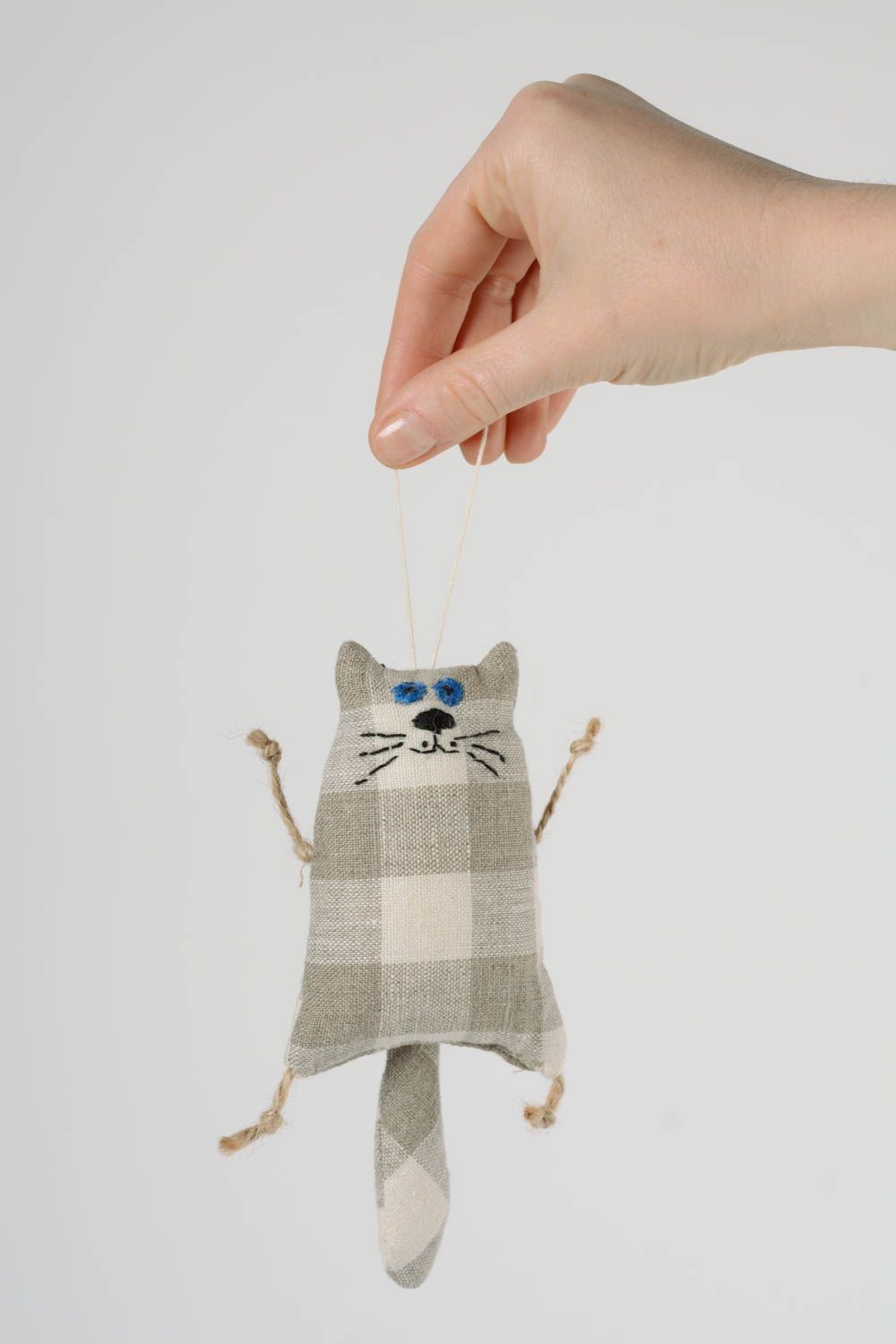 Handmade small soft toy sewn of gray checkered linen fabric cat wall hanging  photo 1