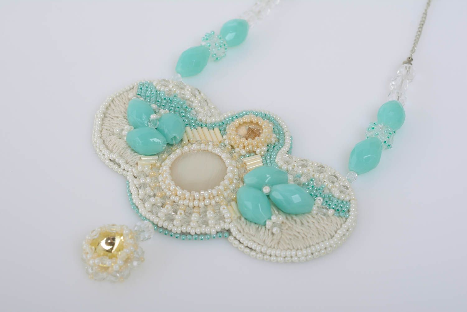 Handmade tender cream and blue bead embroidered necklace with natural stones photo 1