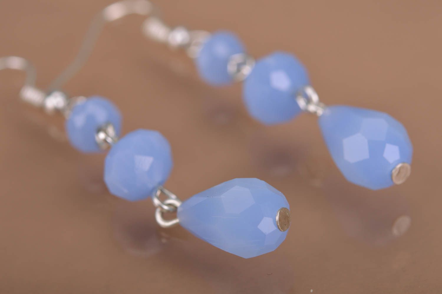 Handmade designer long dangle earrings with blue faceted glass beads for women photo 4