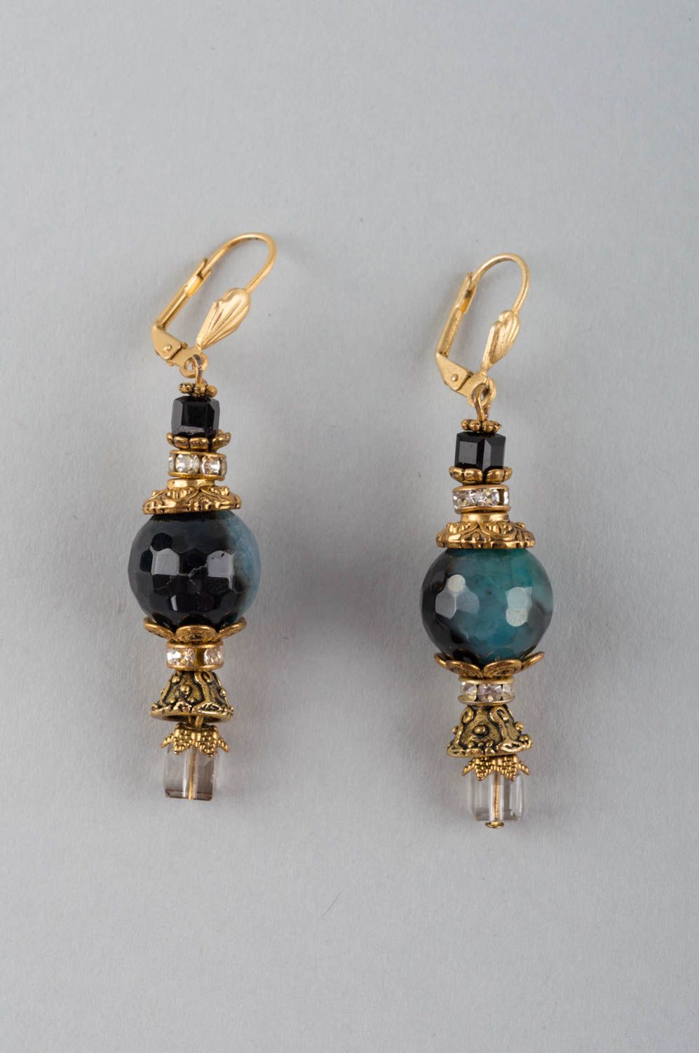 Handmade natural stones earrings brass earrings with agate and crystal photo 2