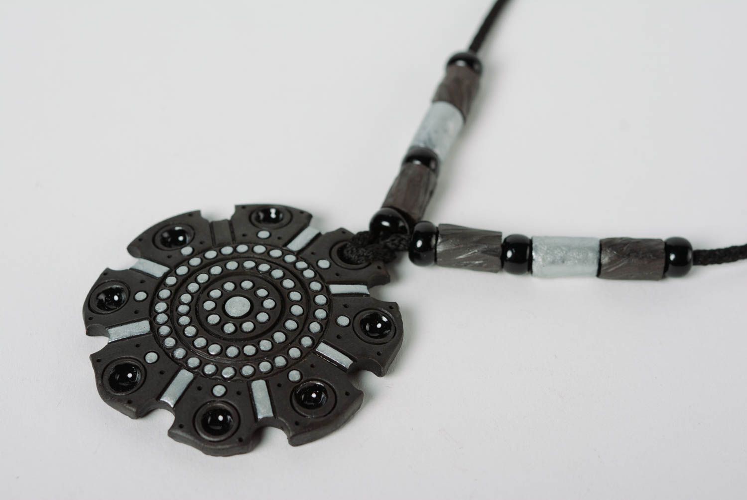 Handmade black ceramic neck pendant painted with color enamel and equipped with cord photo 2