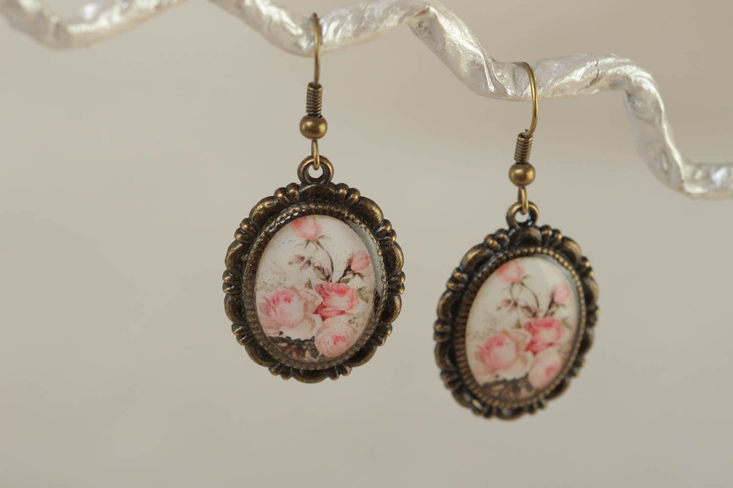 Handmade oval glass glaze earrings in metal frame vintage photo 1