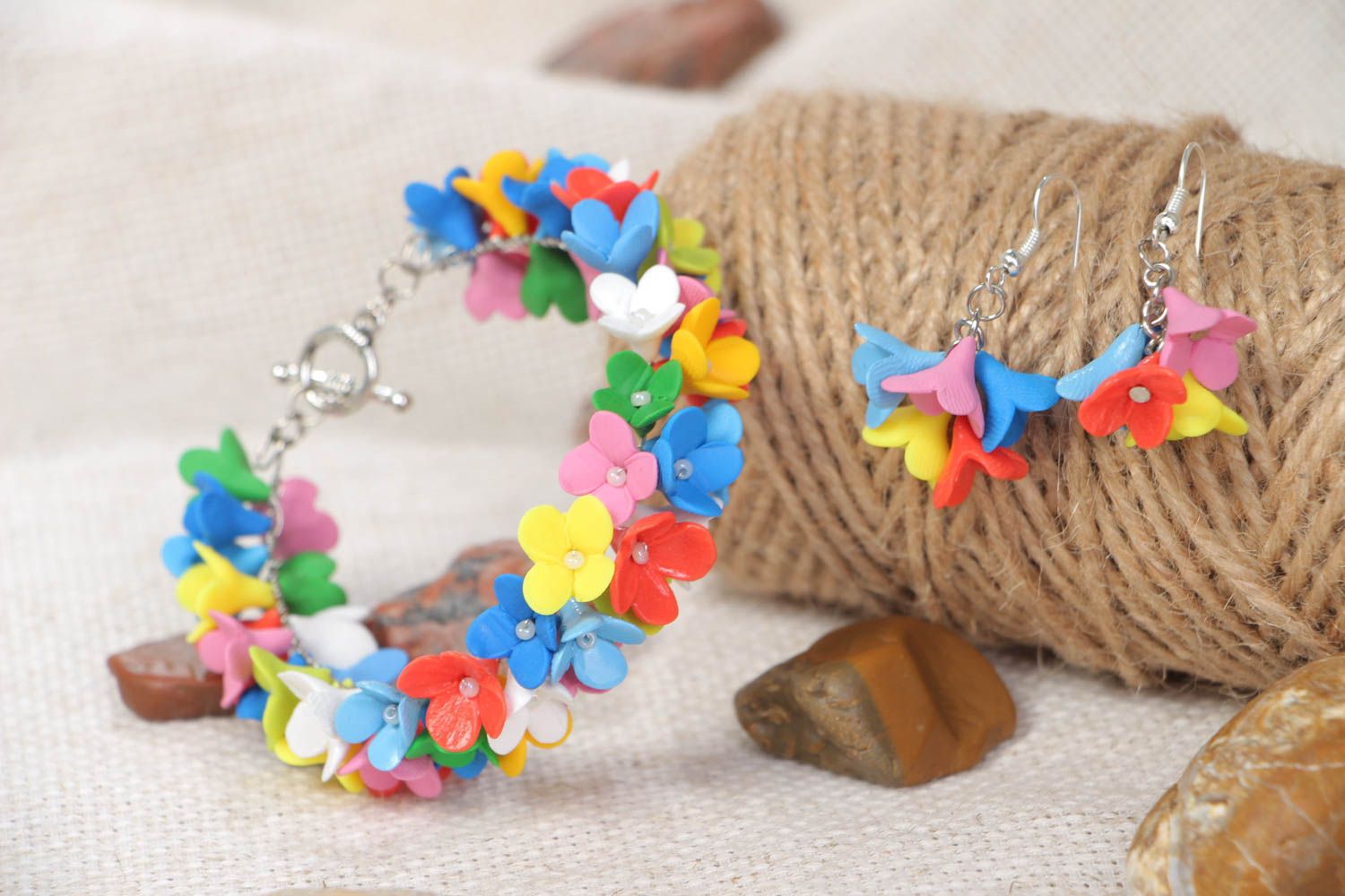 Set of handmade jewelry polymer clay earrings bracelet with flowers gift jewelry photo 1