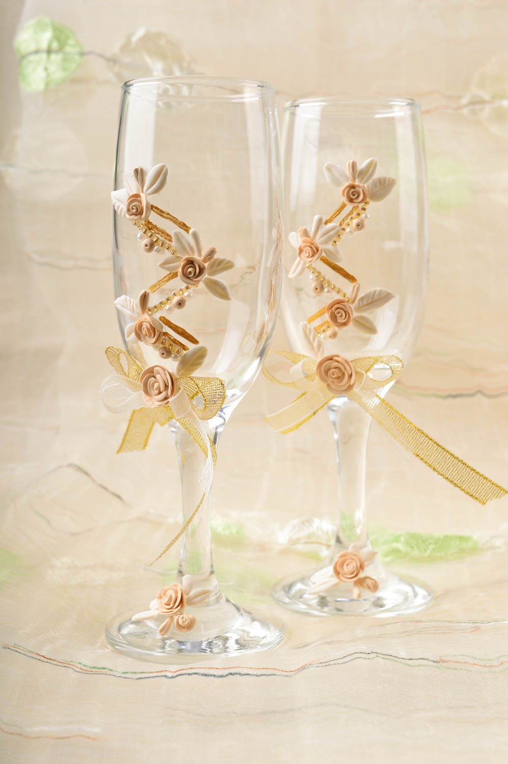 Handmade designer decorative wedding champagne glasses with molding 2 items photo 1