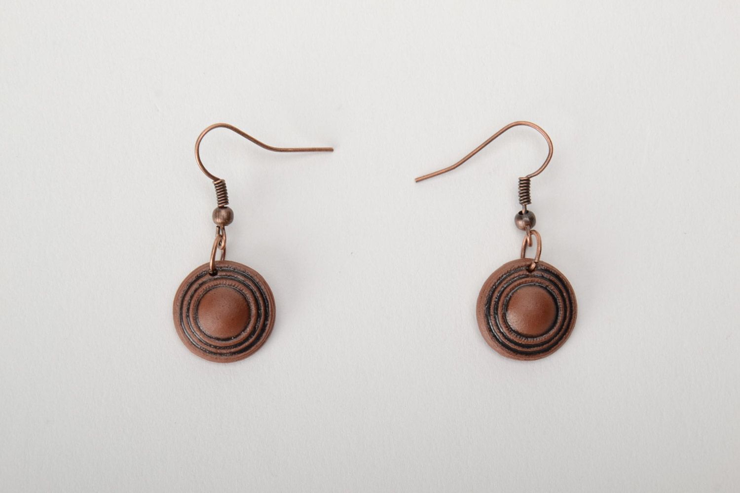 Tiny handmade dangle earrings molded of brown clay and painted with enamels photo 5