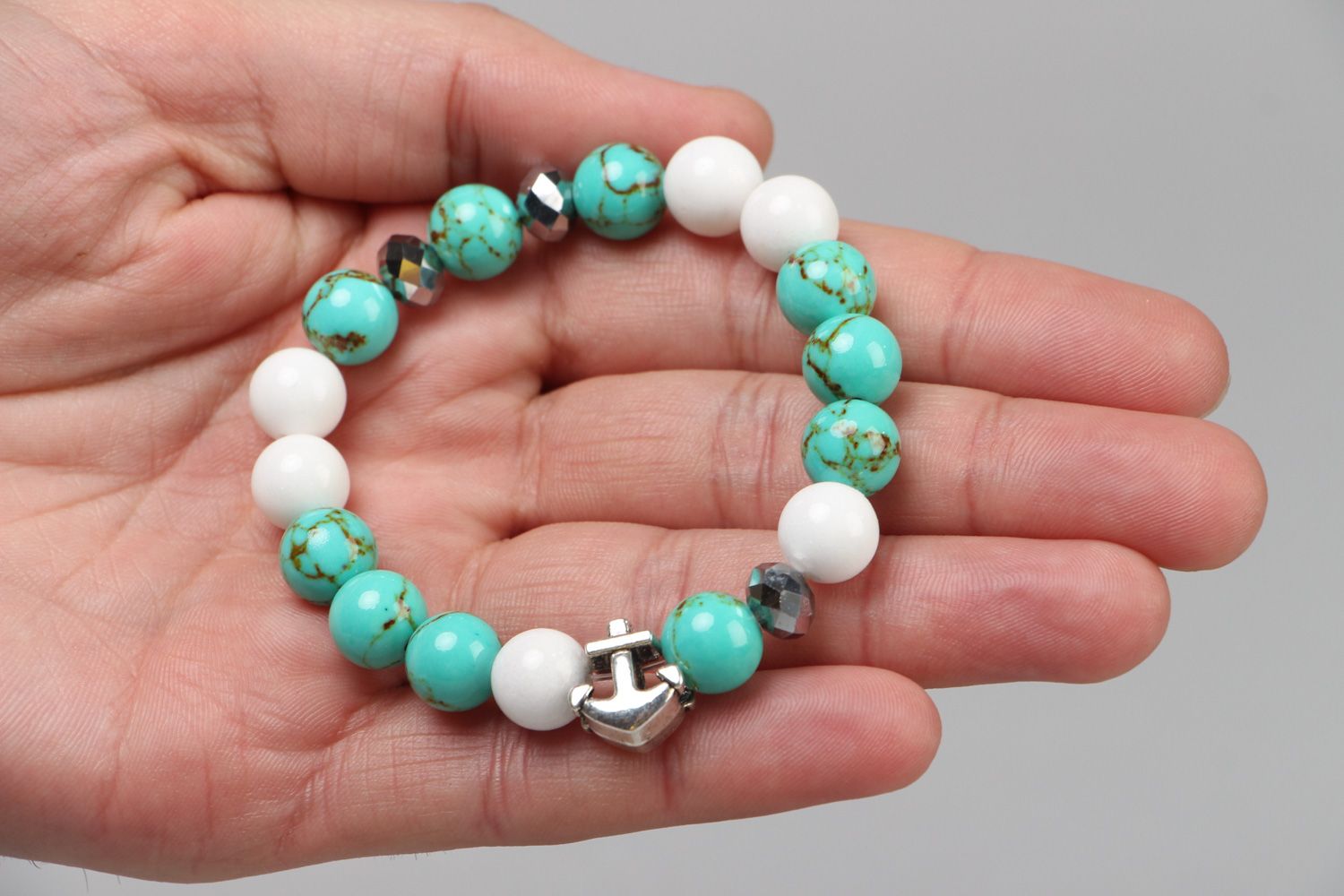 Handmade stretch wrist bracelet with turquoise and agate beads and anchor charm photo 4