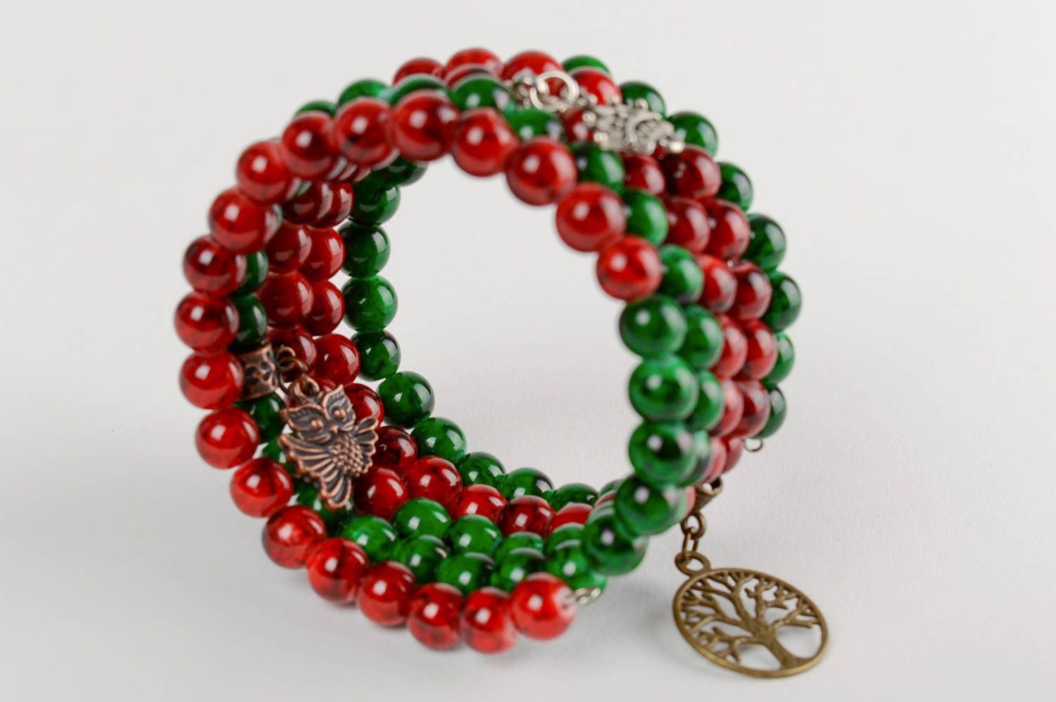 Handmade designer multi row red and green glass beaded wrist bracelet with charm photo 3