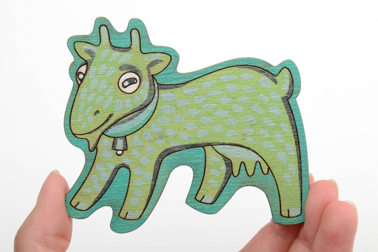 Small green handmade designer painted wooden fridge magnet Little Goat photo 2